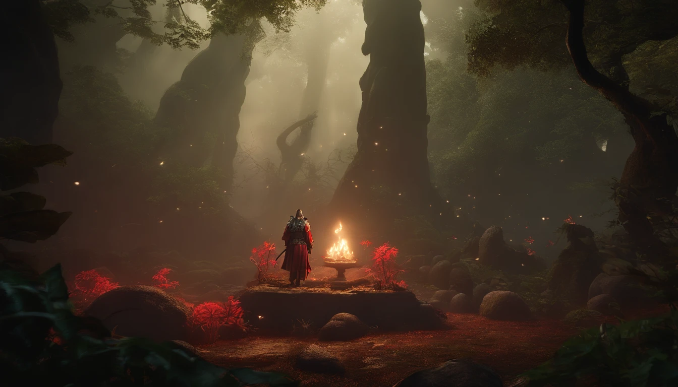 Stylish Japanese anime digital illustration, Ise is a success、Japanese Ise Kaitensei anime、Guan Yu lands in the jungle of another world、Otherworldly jungle,Reminiscent of the jungles of Vietnam、Feminized Guan Yu、nioh standing、Red glow background, Standing on the ground,boast。The ground is covered with mucus、A large group of mushrooms sparkles around the tree、Intimidate a bunch of monsters with his proud hegemony、Hyper Sharp Image, Hyper Sharp Image, Shinkai sincerely, Toriyama Akria, Gibri, Zelda,