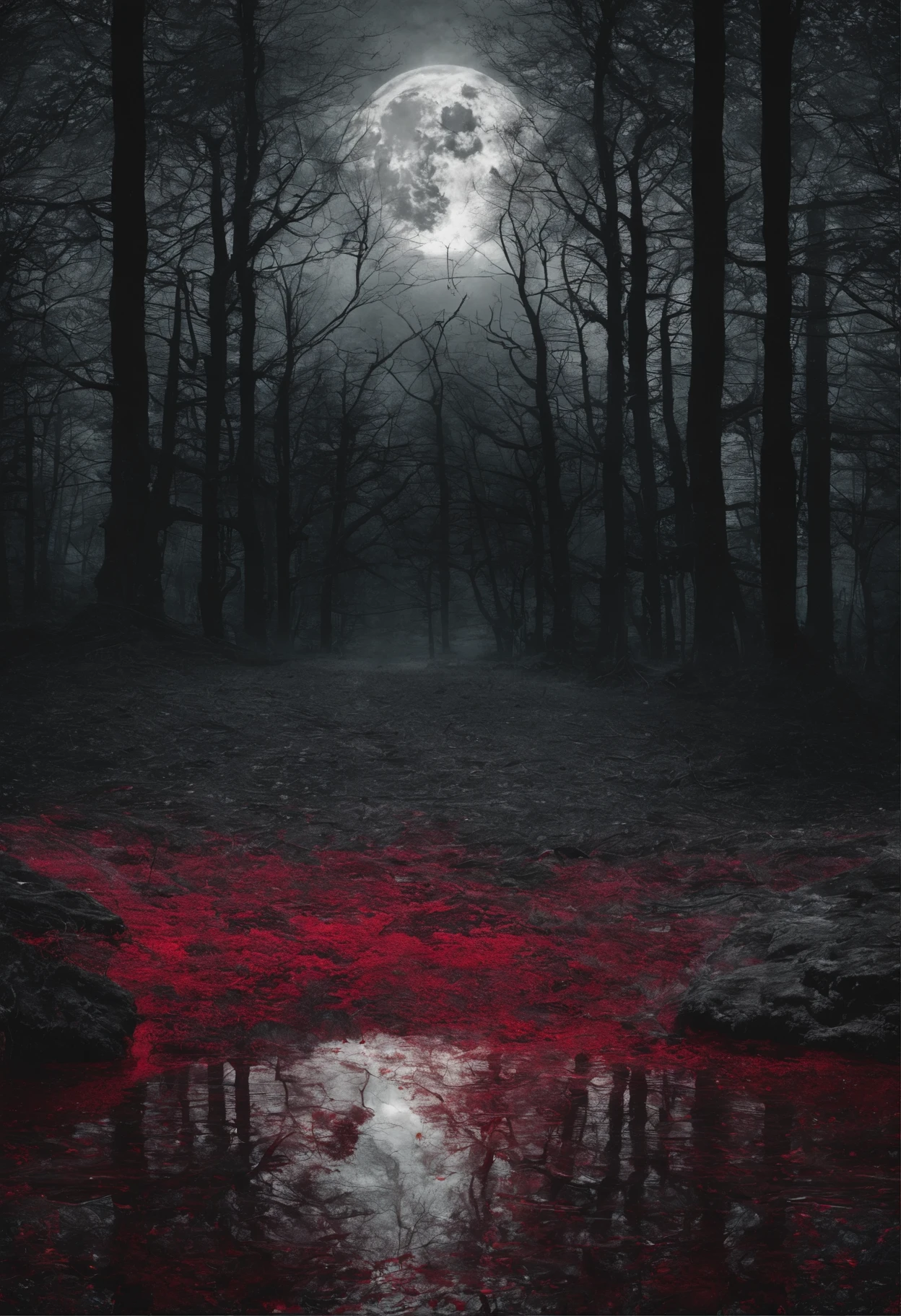 Photograph of the process that takes place in the text-to-image software with artificial intelligence in the first moments of generation.deep-forest、On the forest、Crimson Full Moon in the deep night sky