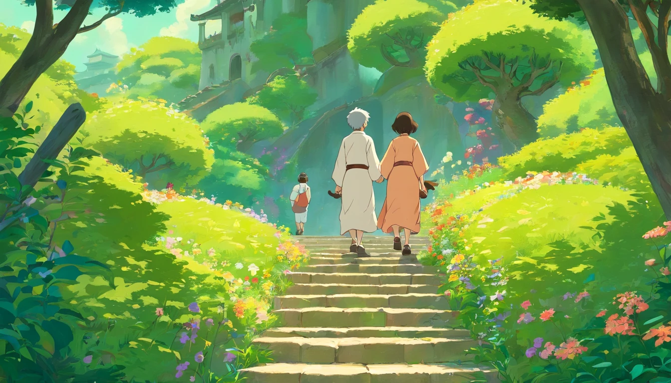 Chung yeung festival，poster for，Vector illustration of elderly couple walking on stairs near beautiful garden,Rickets body， In the style of the terrain of northern China, UHD image, Light orange and yellow, Free-flowing surrealism, ferrania p30, Floral and Nature Motifs - Chaos 20 - NII 5 - AR
77:128