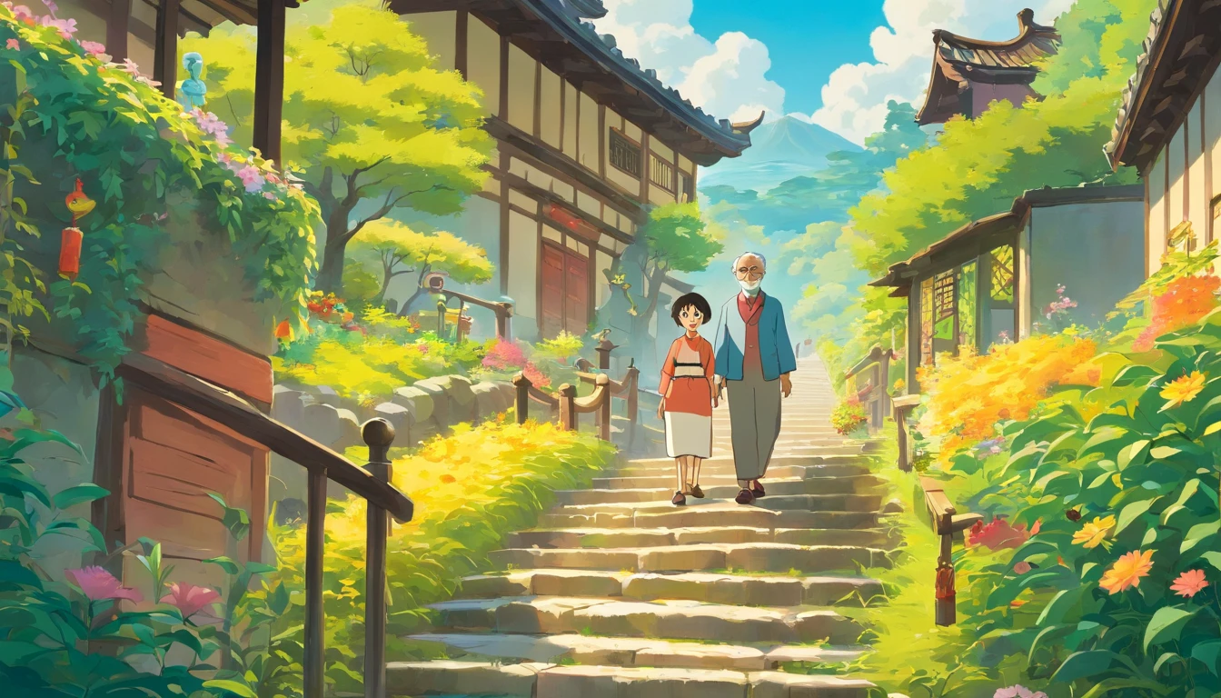 Chung yeung festival,poster for,Vector illustration of elderly couple walking on stairs near beautiful garden,Rickets body, In the style of the terrain of northern China, UHD image, Light orange and yellow, Free-flowing surrealism, ferrania p30, Floral and Nature Motifs - Chaos 20 - NII 5 - AR
77:128