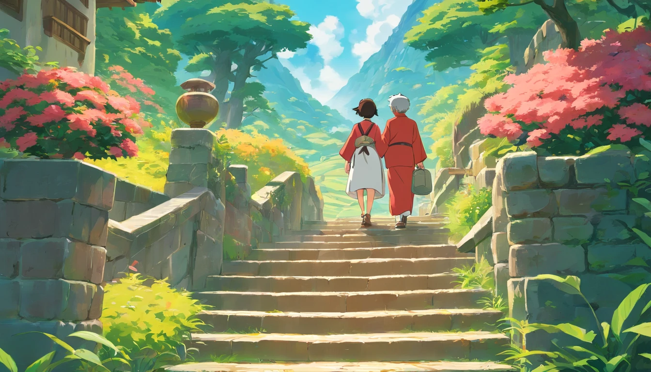 Chung yeung festival，poster for，Vector illustration of elderly couple walking on stairs near beautiful garden,Rickets body， In the style of the terrain of northern China, UHD image, Light orange and yellow, Free-flowing surrealism, ferrania p30, Floral and Nature Motifs - Chaos 20 - NII 5 - AR
77:128