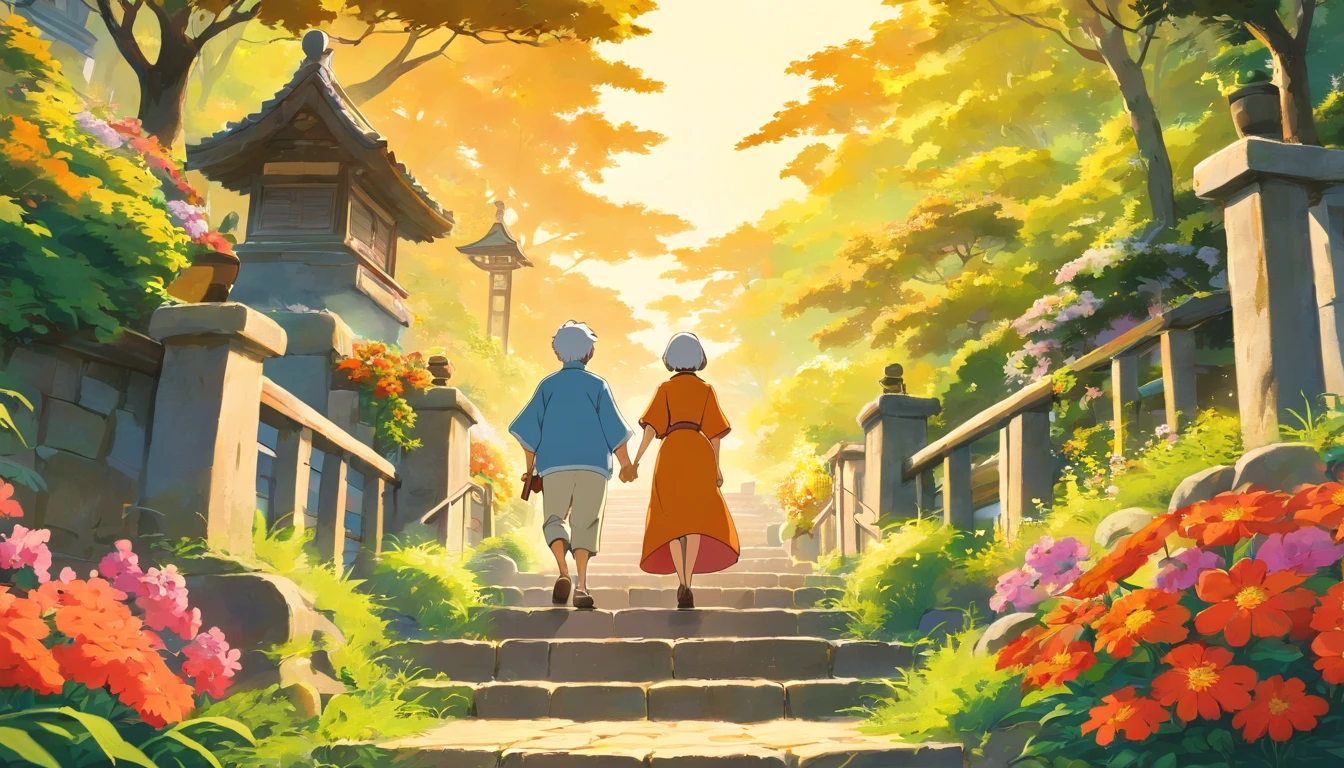 Chung yeung festival，poster for，Vector illustration of elderly couple walking on stairs near beautiful garden,Rickets body， In the style of the terrain of northern China, UHD image, Light orange and yellow, Free-flowing surrealism, ferrania p30, Floral and Nature Motifs - Chaos 20 - NII 5 - AR
77:128