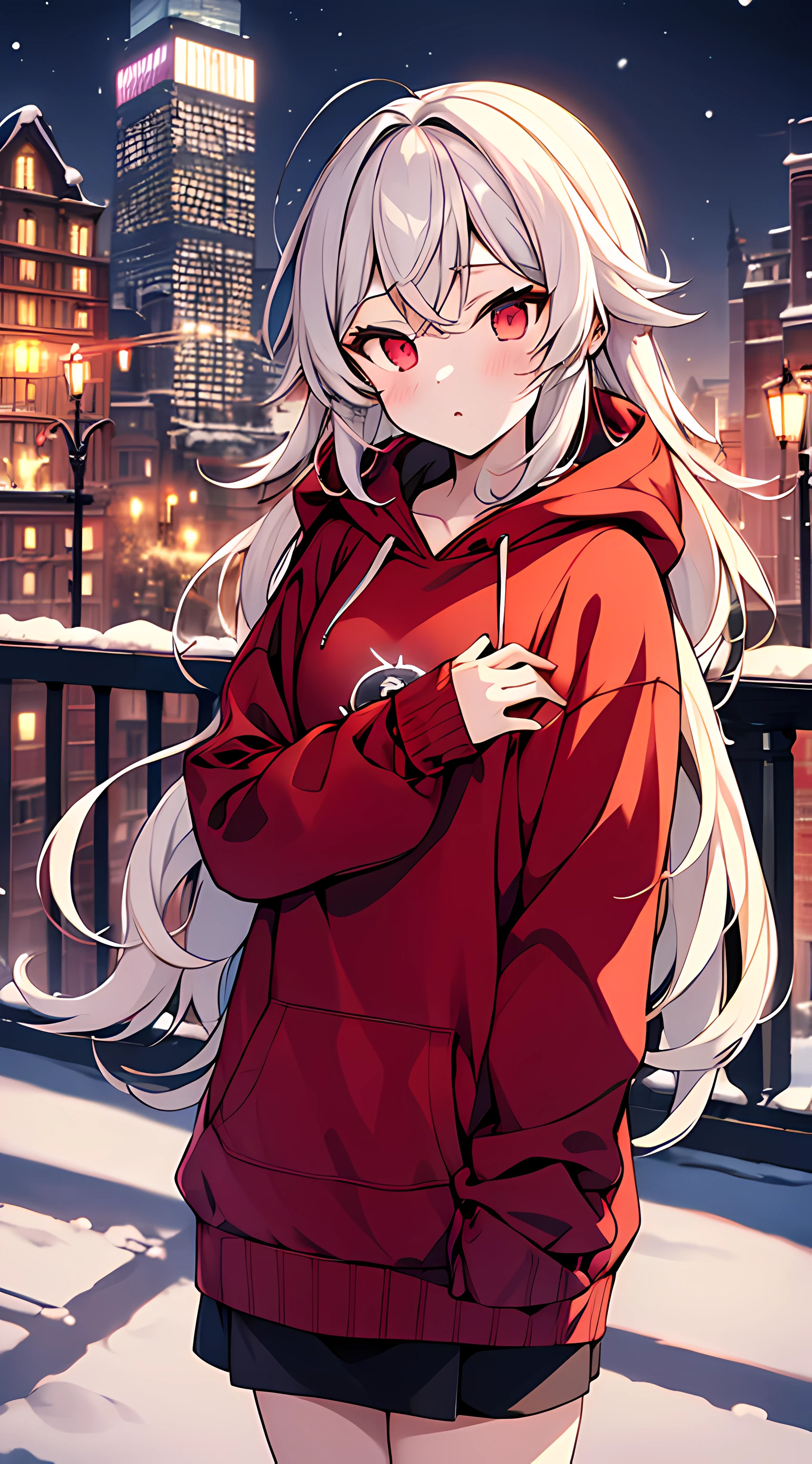 eirudy_\(springwitch3\),masterpiece,1girl,red ruby eyes,wearing hoodies,city,winter snow,night,absurdres,high res, ultrasharp, 8K, masterpiece, looking at viewer