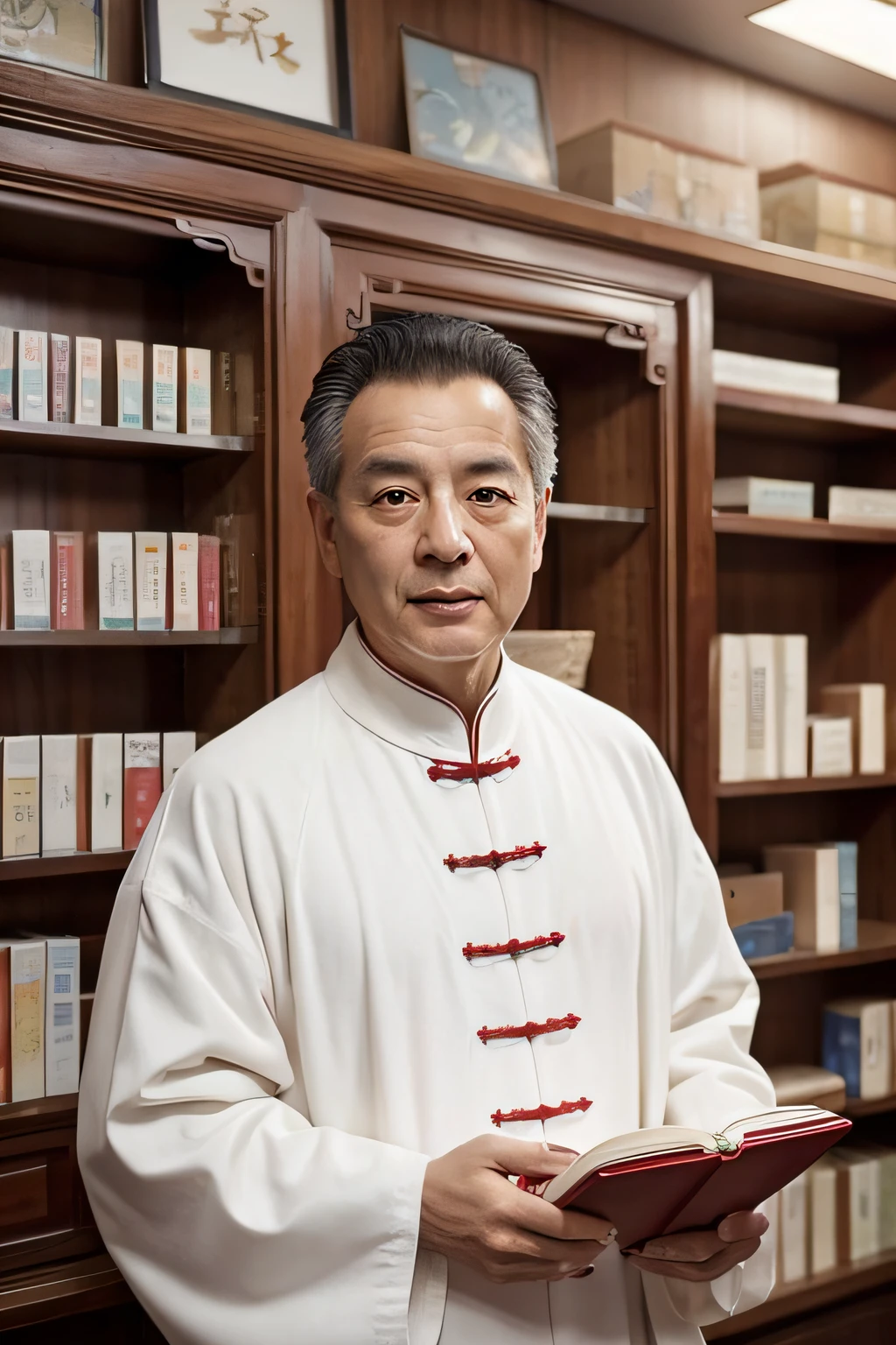 Chinese image,Real frontal photos,Authentic background,Pharmacy background,holding books,Manteau blanc,Face full of wrinkles,TCM image,Wise eyes,male people