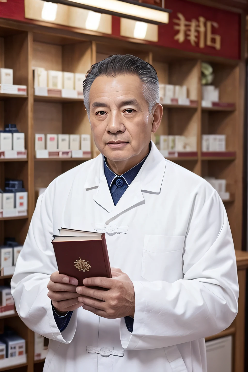 Chinese image,Real frontal photos,Authentic background,Pharmacy background,holding books,Manteau blanc,Face full of wrinkles,TCM image,Wise eyes,male people