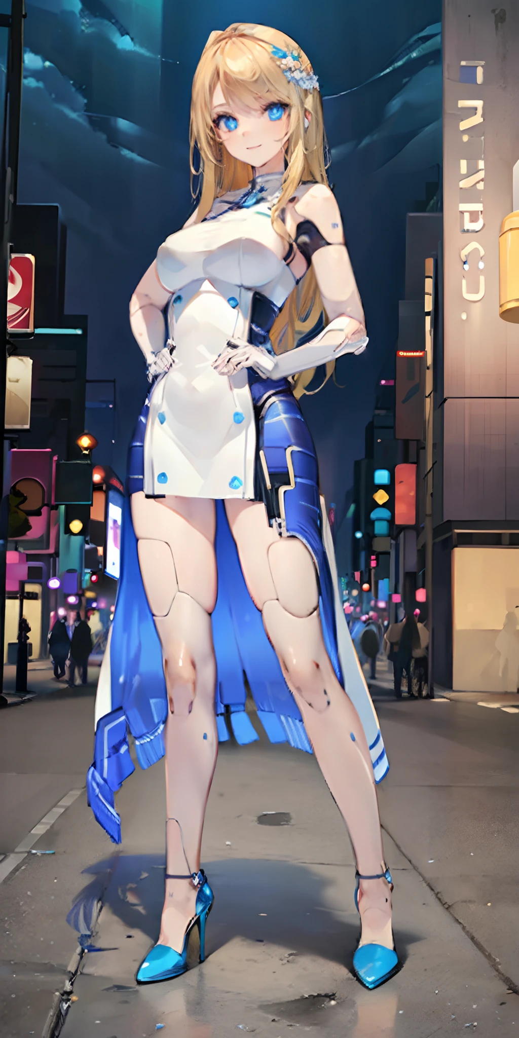 (Best quality, masterpiece:1.5), solo, standing, close up, beauty shot of a beautiful blonde haired android woman with shimmering blue eyes, decently sized, soft breasts, and detailed seams along her body, wearing a flowing red dress, and matching high heels. She's posing confidently, and has a confident smile on her face. The background shows she’s in a futuristic version of New York City, at night.