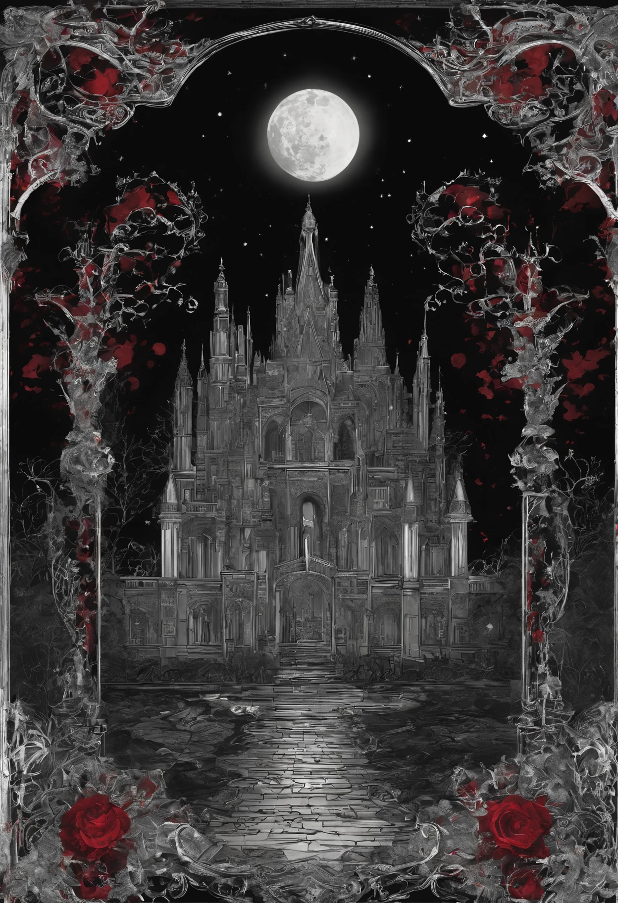 Photograph of the process that takes place in the text-to-image software with artificial intelligence in the first moments of generation.Dark night sky、Crimson Full Moon