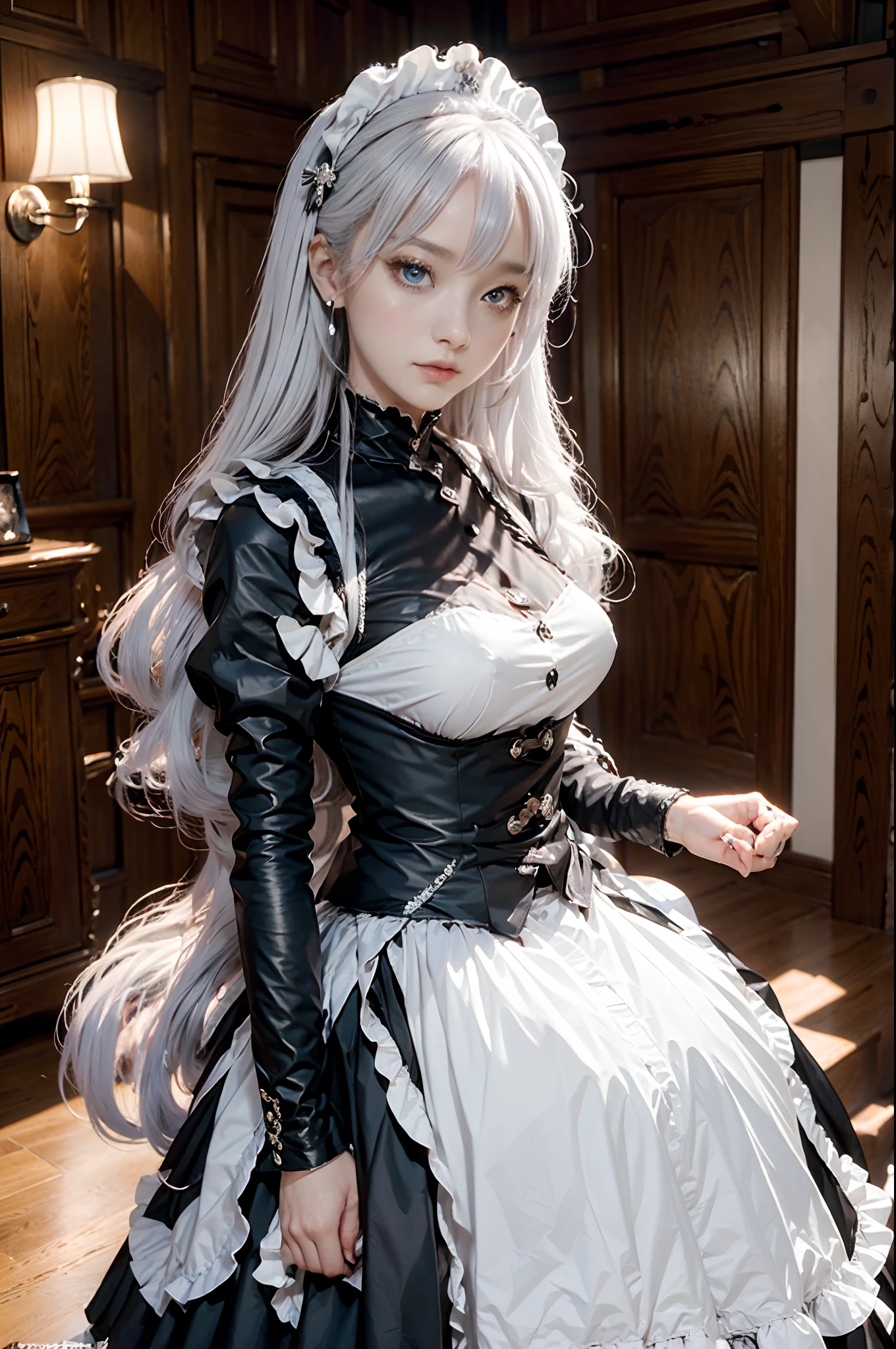 The woman, (of European nationality: 1.2) In a black and white outfit posing for a photo, maiden! Dress, Anime Girl Cosplay, anime girl in a maid costume, The Magnificent Maiden, maid outfit, cosplay photo, cosplay, anime cosplay, A Few Cute Poses, Заманчивый портрет Marvel's Storm (snow-white hair!), (Face of the Goddess), (Elegant posture: 1.4), Elegant atmosphere, Noble atmosphere, (Milf: 1.6) (Shiny bright white hair: 1.5), (Cyan eyes: 1.4), (maidservant: 1.4), (Black and White Maid Outfit: 1.1), (Unbelievable beauty, High facial detail:1.3),