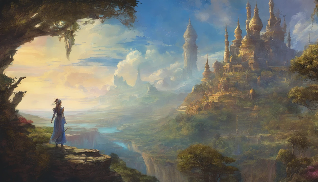 (by Greg Rutkowski: 1.2), (masterpiece), ((best quality)), extremely delicate and beautiful, illustration, 8K post-production, high resolution, hyperdetailed, depth of field, HDR, intricate, (fantasy landscape), A mesmerizing fantasy landscape with enchanting elements blending seamlessly. ((fantasy sky island, Skycity of Bhujerba from final fantasy XII)), A sense of tranquility and wonder fills the air, inviting exploration and discovery. Providing a distant view that captures the grandeur and atmosphere. From Brian Froud and Carne Griffiths and Wadim Kashin and John William Waterhouse.