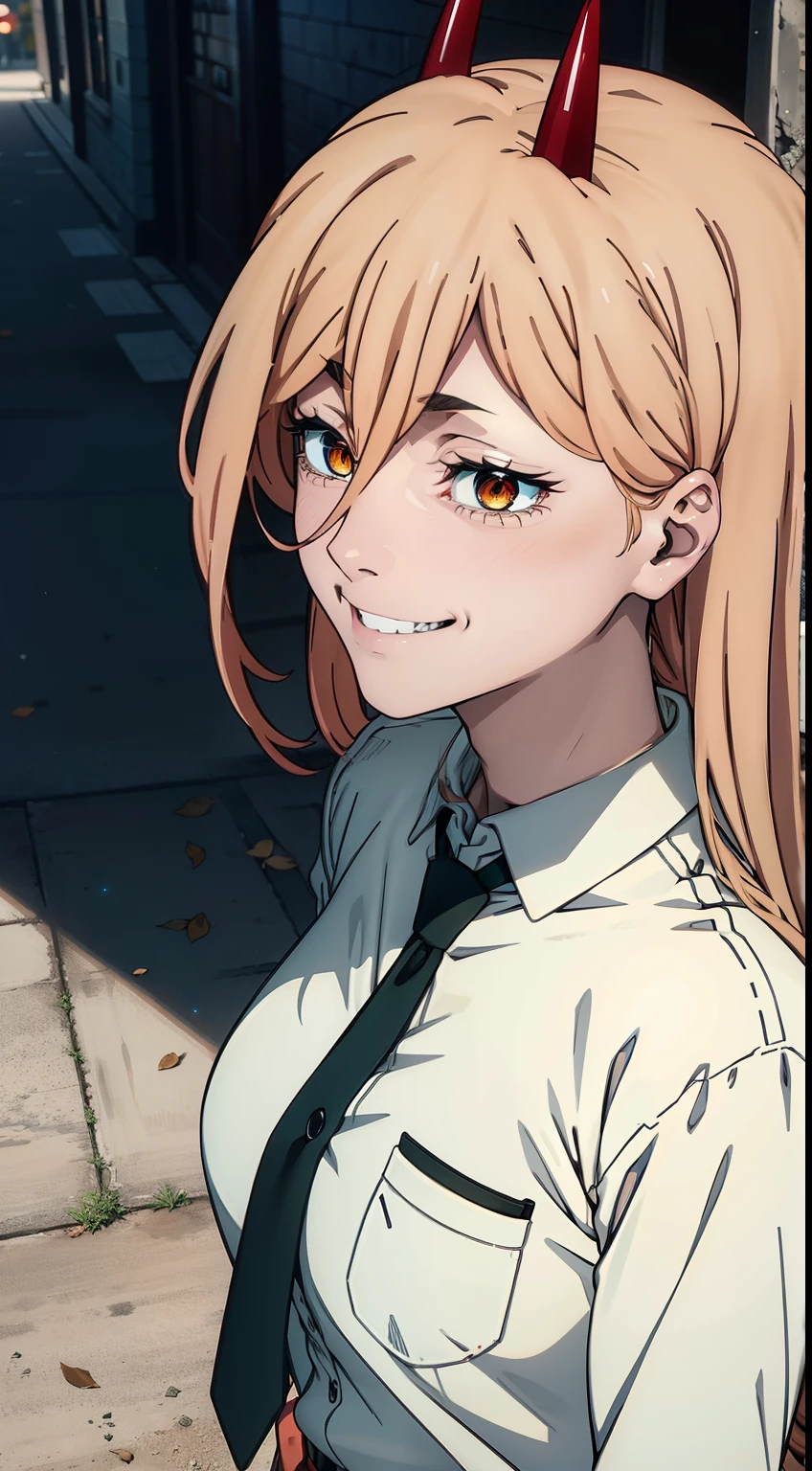 smilling, blonde, Pink_Hair, dangerous,vivid eyes,Yellow eyes, Odin, roof, Mesmerizing eyes,Confident,superior, naughty, LAUGHTER BREAK (power \(chainsaw man\),), back light, glowing eyes, an artistic, wallpapers, black necktie, (Sensual),Happy, BREAK Intimate, Digital Art, High Details, contemporary, Intricate, (a perfect face), Traced lights, BREAK superior,Cinematic, absurdes, white  shirt, City, red horns, Energy from a chainsaw, Red horns on the head, Anime girl with a smile, detailed digital anime art, Cool anime 8K, Clean and detailed anime art, Gouveyz on Pixiv ArtStation, 4K Manga Wallpapers, Guweiz in Artstation Pixiv, Подробный портрет Anime Girl, Anime 4K Style, Anime Art Wallpapers 4K, Anime Art Wallpaper 4K Masterpiece, Gorgeous, Best Quality,