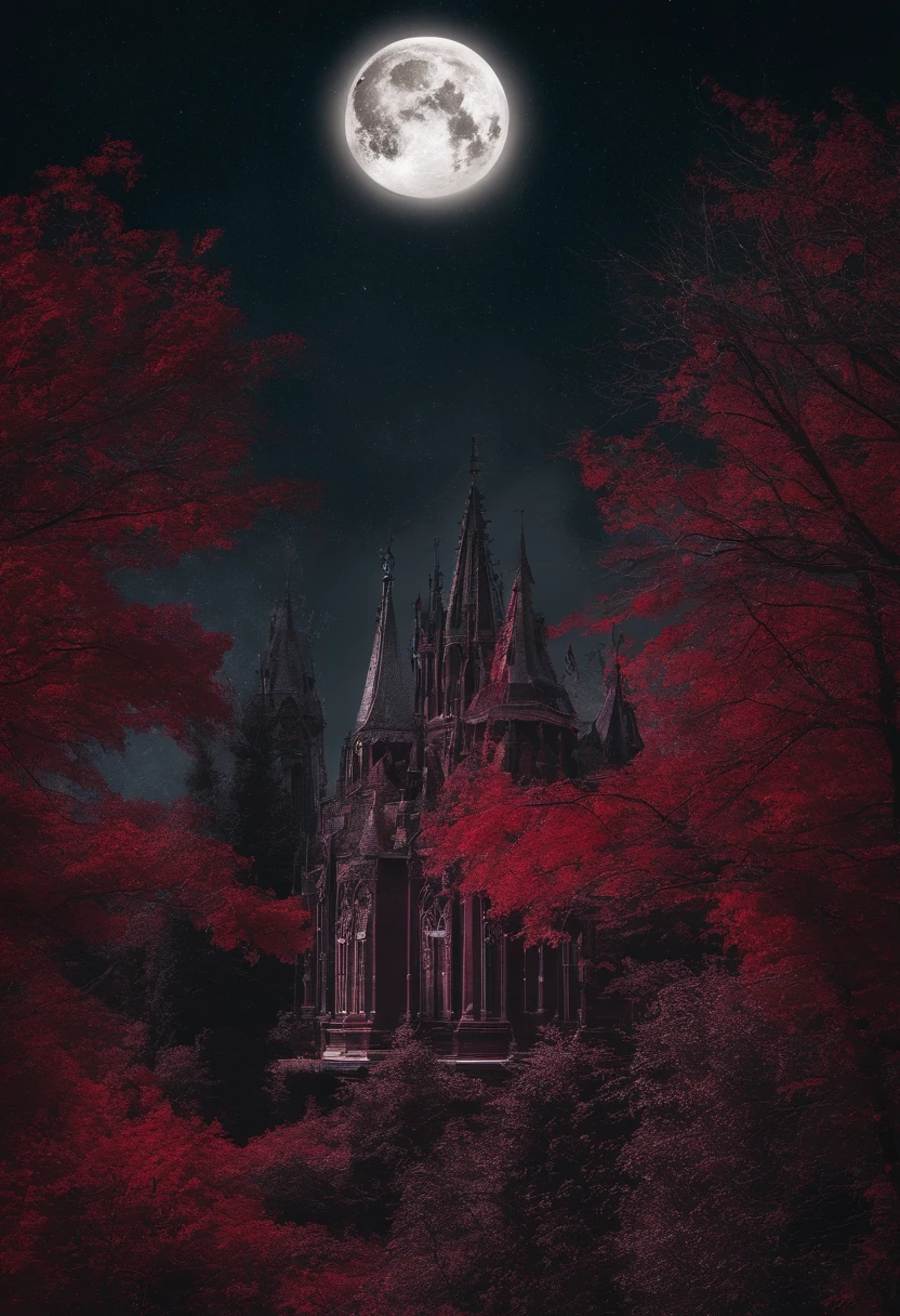 Photograph of the process that takes place in the text-to-image software with artificial intelligence in the first moments of generation.Crimson Full Moon shining in the night sky