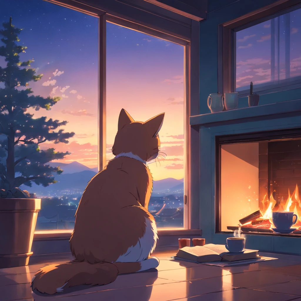 fireplace at the end of the night, cat sleeping, cup of tea with steam, window with beautiful landscape