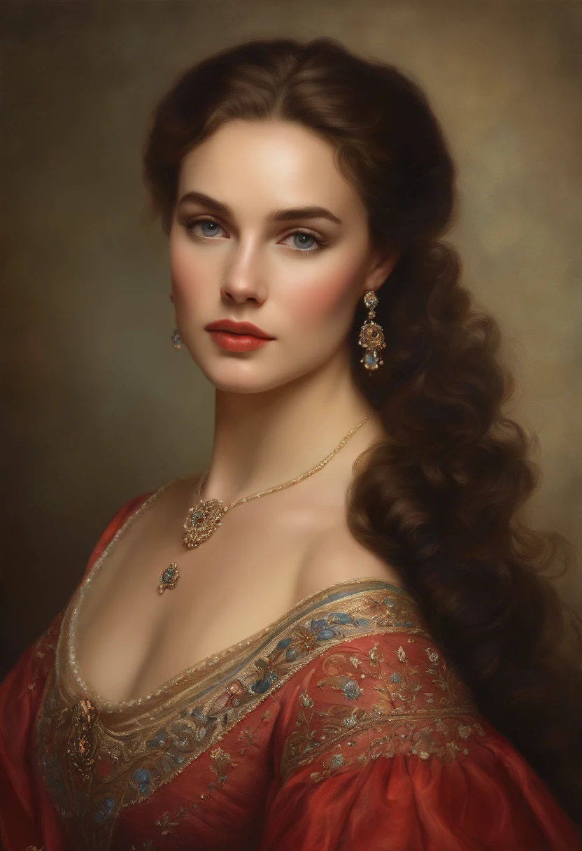 best quality,ultra-detailed,historical painting,portrait,beautiful detailed face,delicate brushstrokes,exquisite costume,fine jewelry,soft lighting,pastel colors,subtle background,graceful pose,vibrant atmosphere,classic elegance