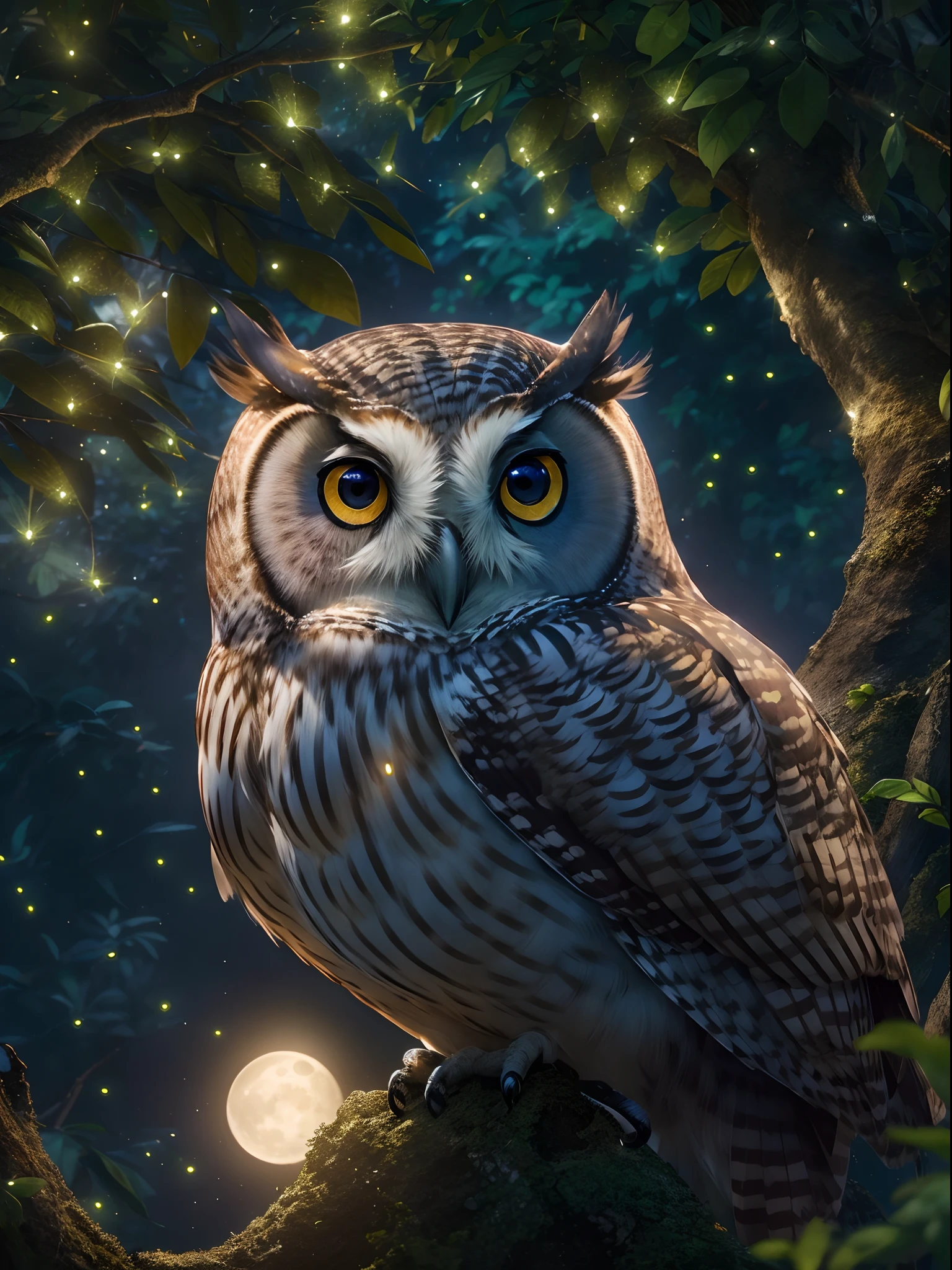 An owl close-up portrait at night, fireflies, perfect jungle night view, full moon, glowing effects, shinning stars in the sky, best quality, masterpiece collection, rendered by Nvidia RTX, ray tracing, 24K UHD resolution, extremely high detailed art