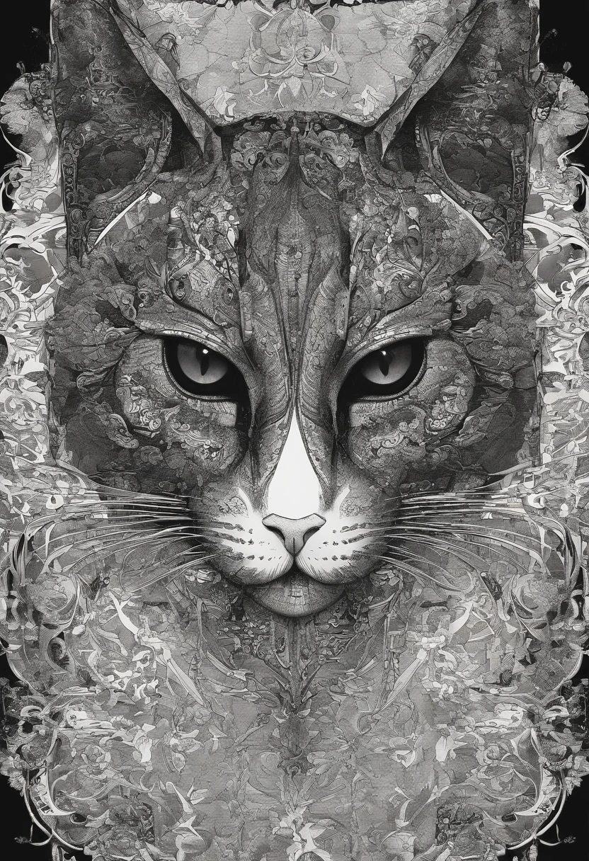 Photograph of the process that takes place in the text-to-image software with artificial intelligence in the first moments of generation.Black Cat Face Draw-Up、catss、sharp eye、Red eyes、Eyes aiming at prey