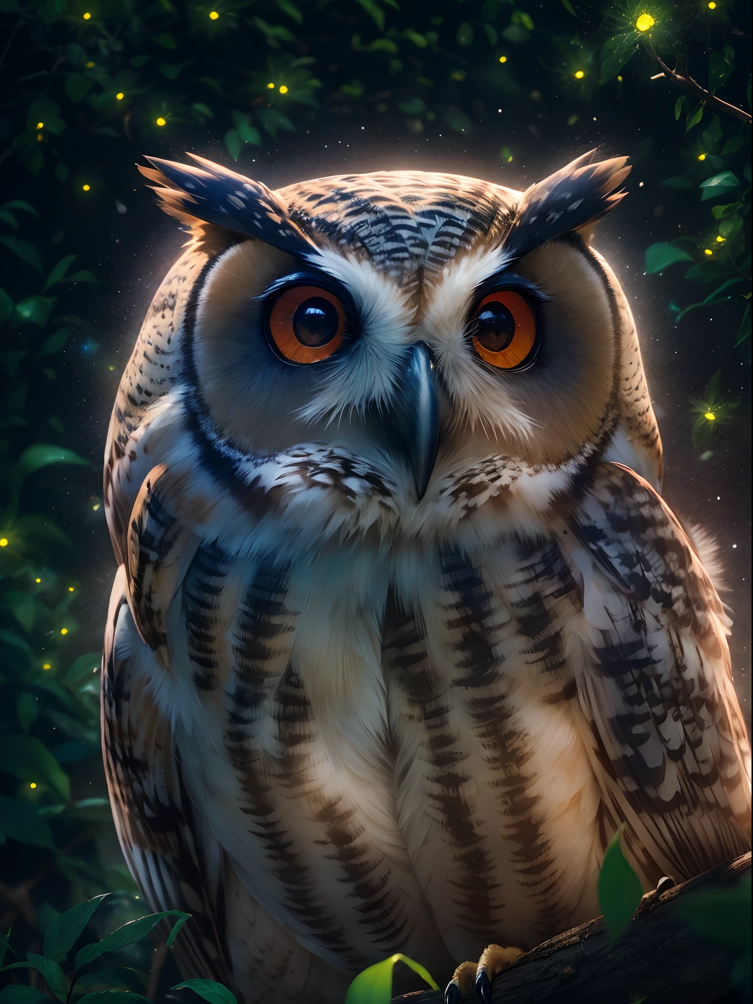 An owl close-up portrait at night, fireflies, perfect jungle night view, full moon, glowing effects, shinning stars in the sky, best quality, masterpiece collection, rendered by Nvidia RTX, ray tracing, 24K UHD resolution, extremely high detailed art