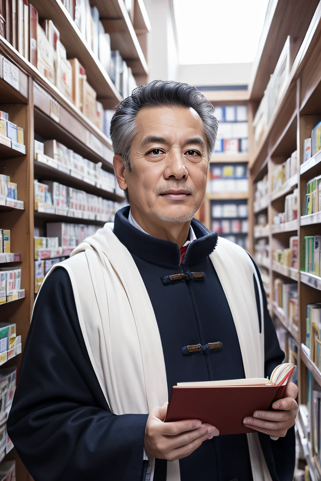 Chinese image,Real frontal photos,Authentic background,Pharmacy background,holding books,Manteau blanc,Face full of wrinkles,TCM image,Wise eyes,male people
