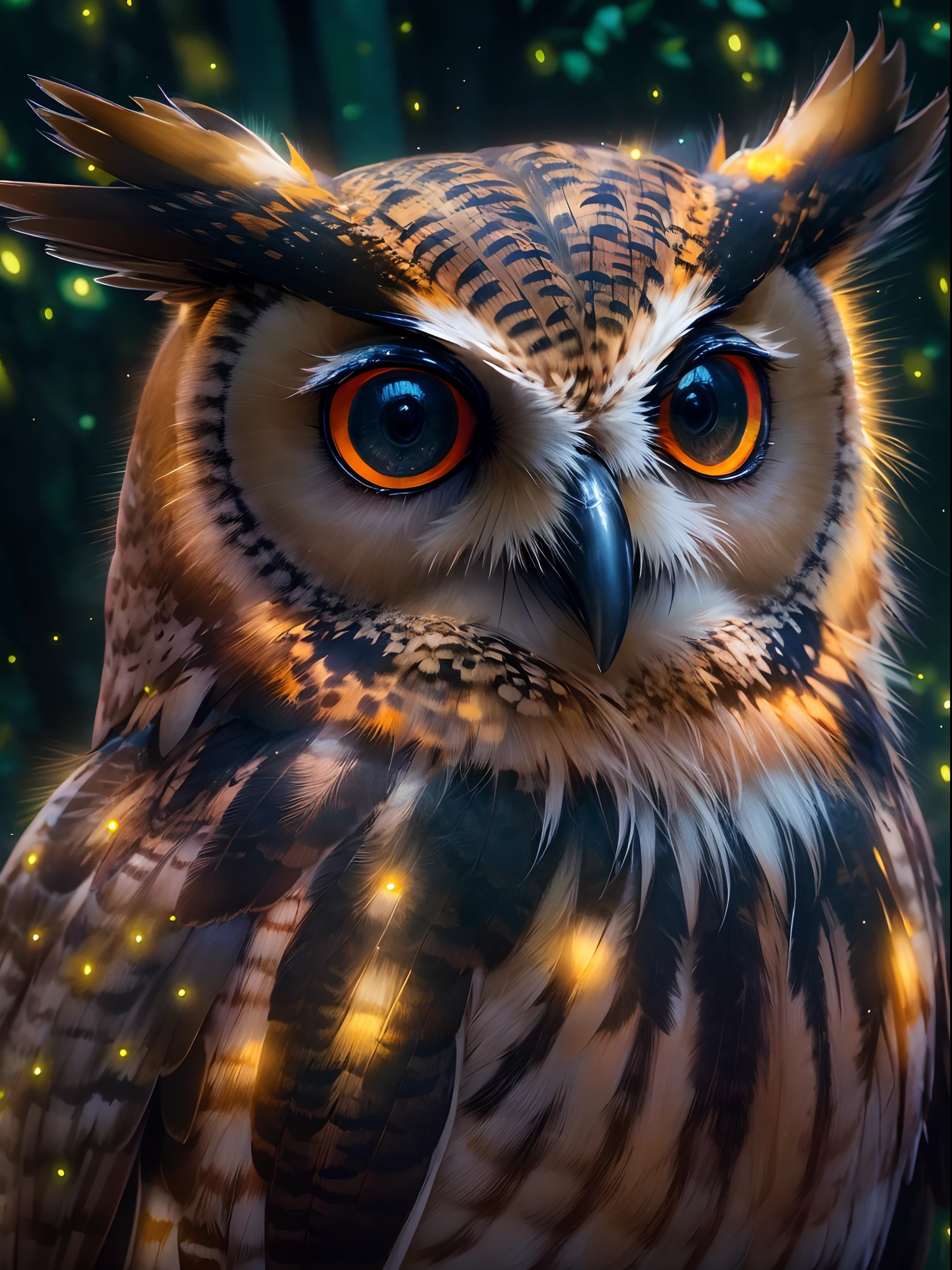 An owl close-up portrait at night, fireflies, perfect jungle night view, glowing effects, shinning stars in the sky, best quality, masterpiece collection, rendered by Nvidia RTX, ray tracing, 24K UHD resolution, extremely high detailed art