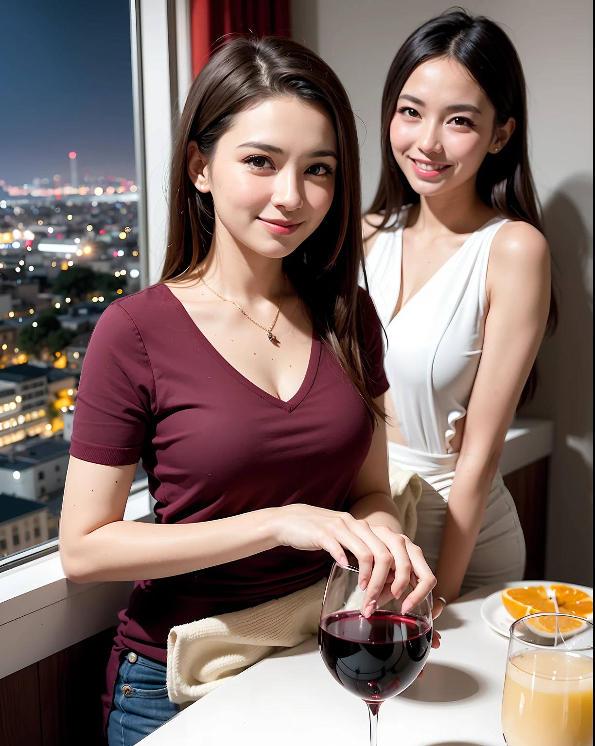 (64K, UHD, top quality, masterpiece: 1.2), (realistic, photorealistic: 1.37), super detailed, pretty woman 1 person, (slim face), (slim body), (brown hair), (short cut), cheeks slightly blushing, (44 years old), 38 years old, solo, beautiful detailed urban night view outside the window, restaurant, wine glasses sit, at night, in a prominent placeNovaFrogStyle, Actress, Model, Waist Up, White Wine, Slim, Wine Glass, Super Clean Night View, Wine Glass Put in the Middle, Happy Smile, (Smile: 1.15), Beautiful Fine Eyes, Upper Body, Bust Japan Up, Night, Short, Short, Actress, Model, Waist Up, White Wine, Slim, Wine Glass, Super Clean Night View, Wine Glass Put in the Middle, Happy Smile,
