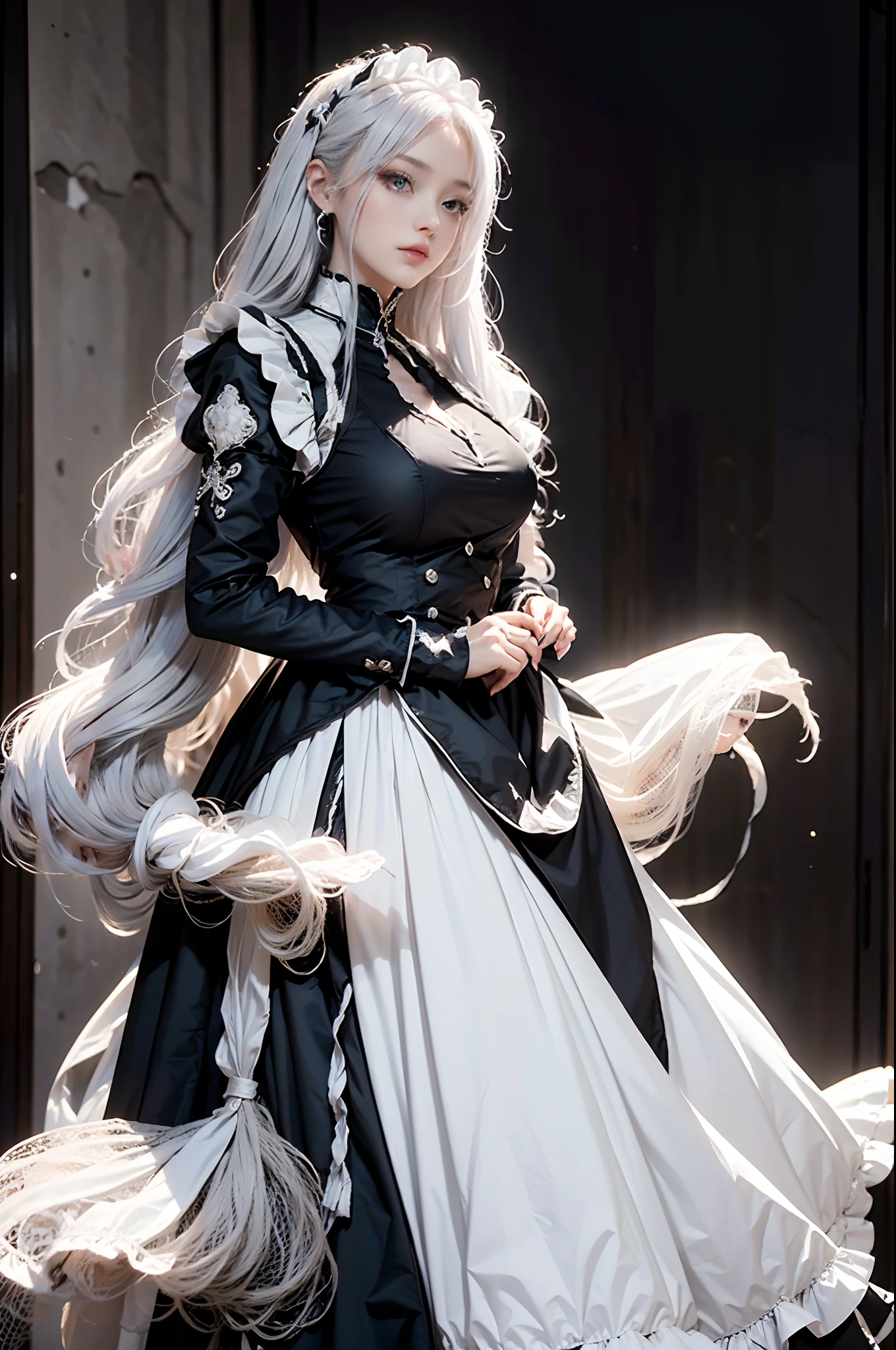 The woman, (European Citizenship: 1.2) In a black and white outfit posing for a photo, maiden! Dress, Anime Girl Cosplay, anime girl in a maid costume, The Magnificent Maiden, maid outfit, cosplay photo, cosplay, anime cosplay, A Few Cute Poses, Заманчивый портрет Marvel's Storm (snow-white hair!), (Face of the Goddess), (Elegant posture: 1.4), Elegant atmosphere, Noble atmosphere, (Milf: 1.6) (Shiny bright white hair: 1.5), (Cyan eyes: 1.4), (maidservant: 1.4), (Black and White Maid Outfit: 1.1), (Incredible beauty, High facial detail:1.3),