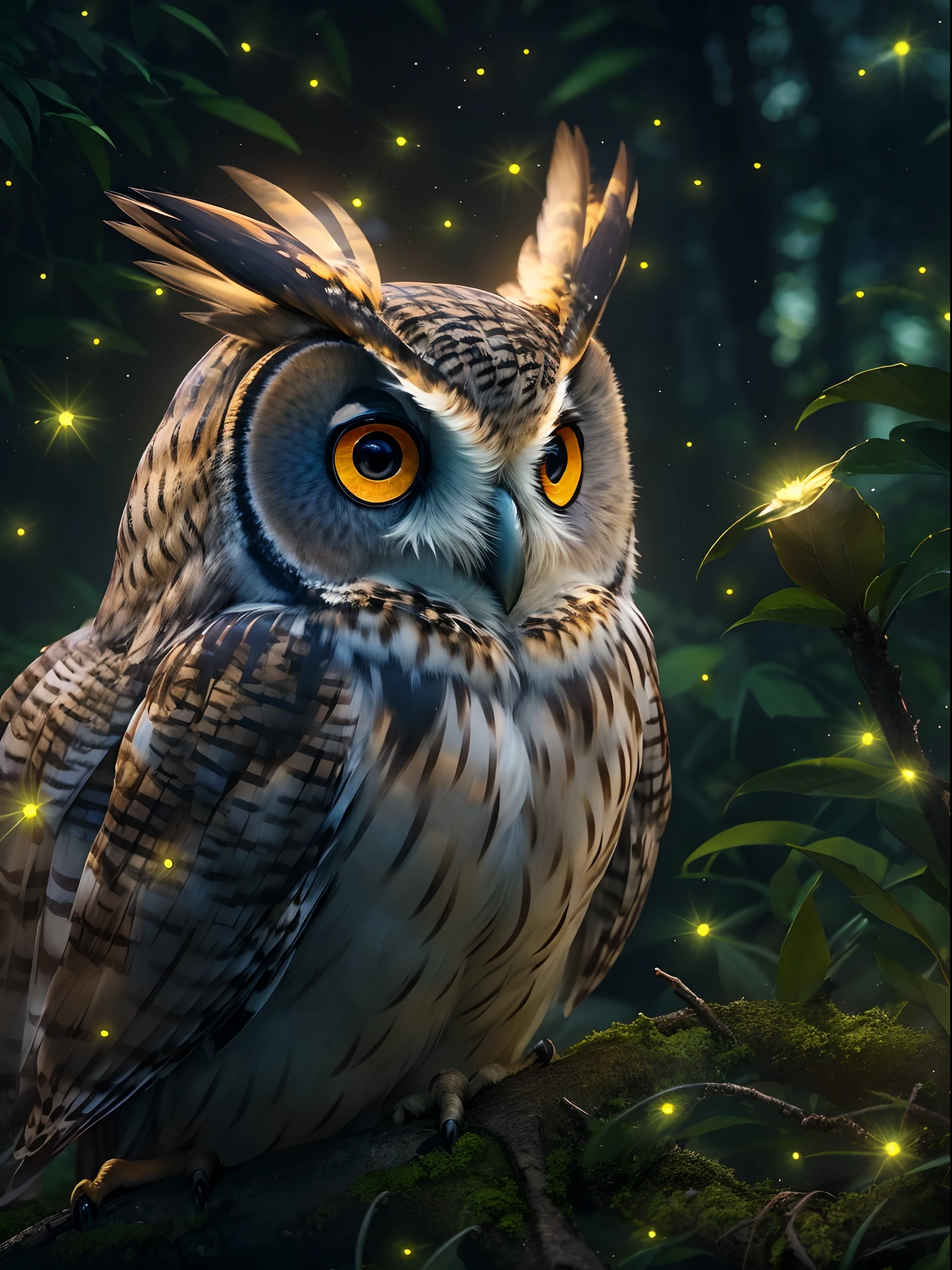 An owl close-up portrait at night, fireflies, perfect jungle night view, glowing effects, shinning stars in the sky, best quality, masterpiece collection, rendered by Nvidia RTX, ray tracing, 24K UHD resolution, extremely high detailed art