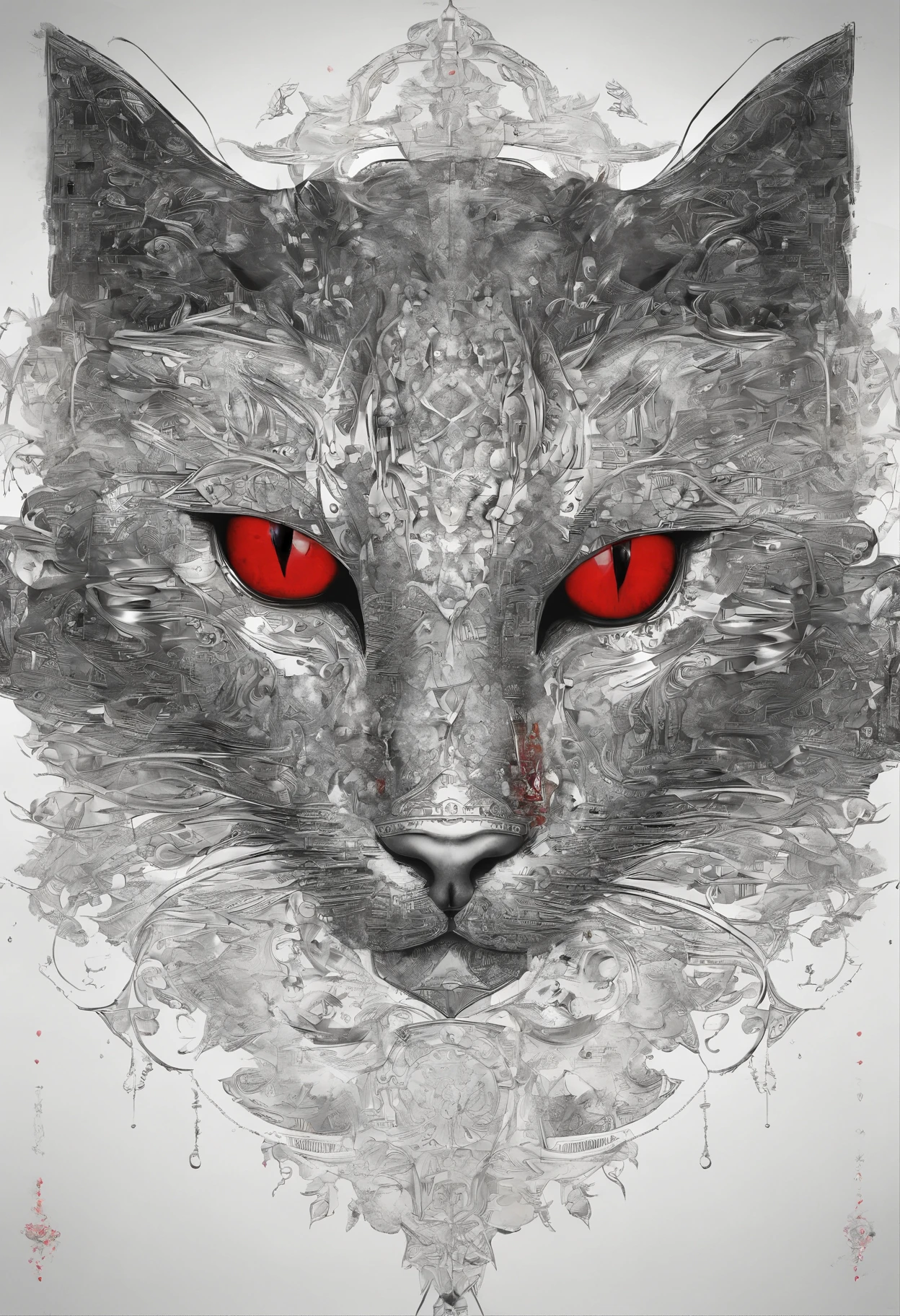 Photograph of the process that takes place in the text-to-image software with artificial intelligence in the first moments of generation.Black Cat Face Draw-Up、catss、sharp eye、Red eyes、Eyes aiming at prey