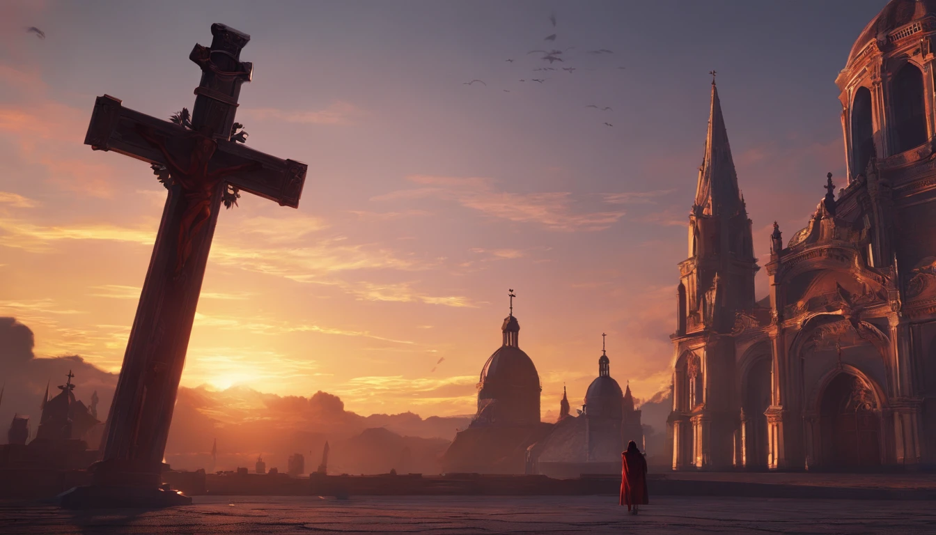 At sunset, A female killer stands on a cross in the church，Gothic architecture，ultra-realistic realism, Best composition, Masterpiece works of art, Top-down view