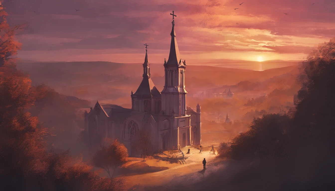 At sunset, A female killer stands on a cross in the church，Gothic architecture，ultra-realistic realism, Best composition, Masterpiece works of art, Top-down view