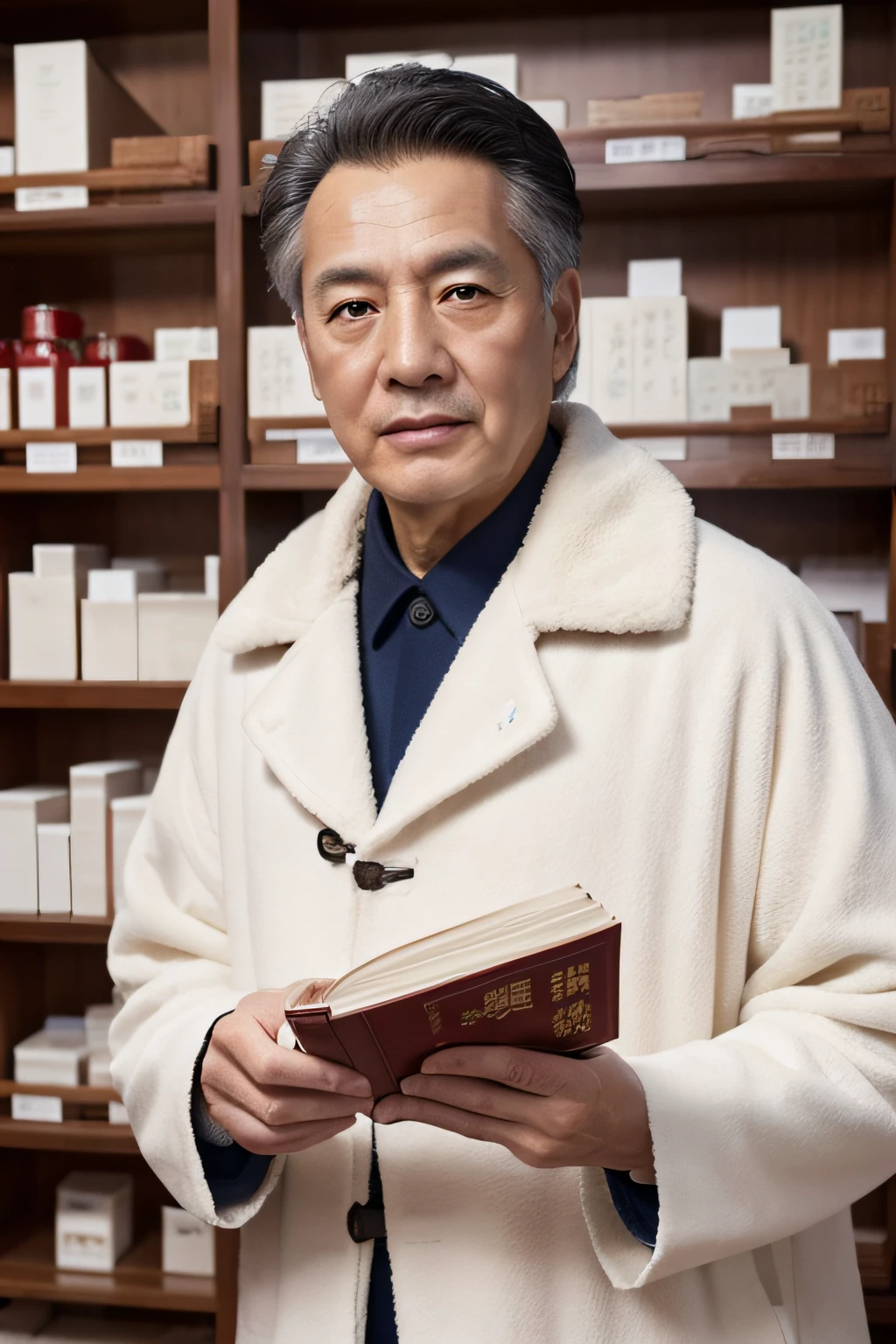 Chinese image,Real frontal photos,Authentic background,Pharmacy background,holding books,Manteau blanc,Face full of wrinkles,TCM image,Wise eyes,male people