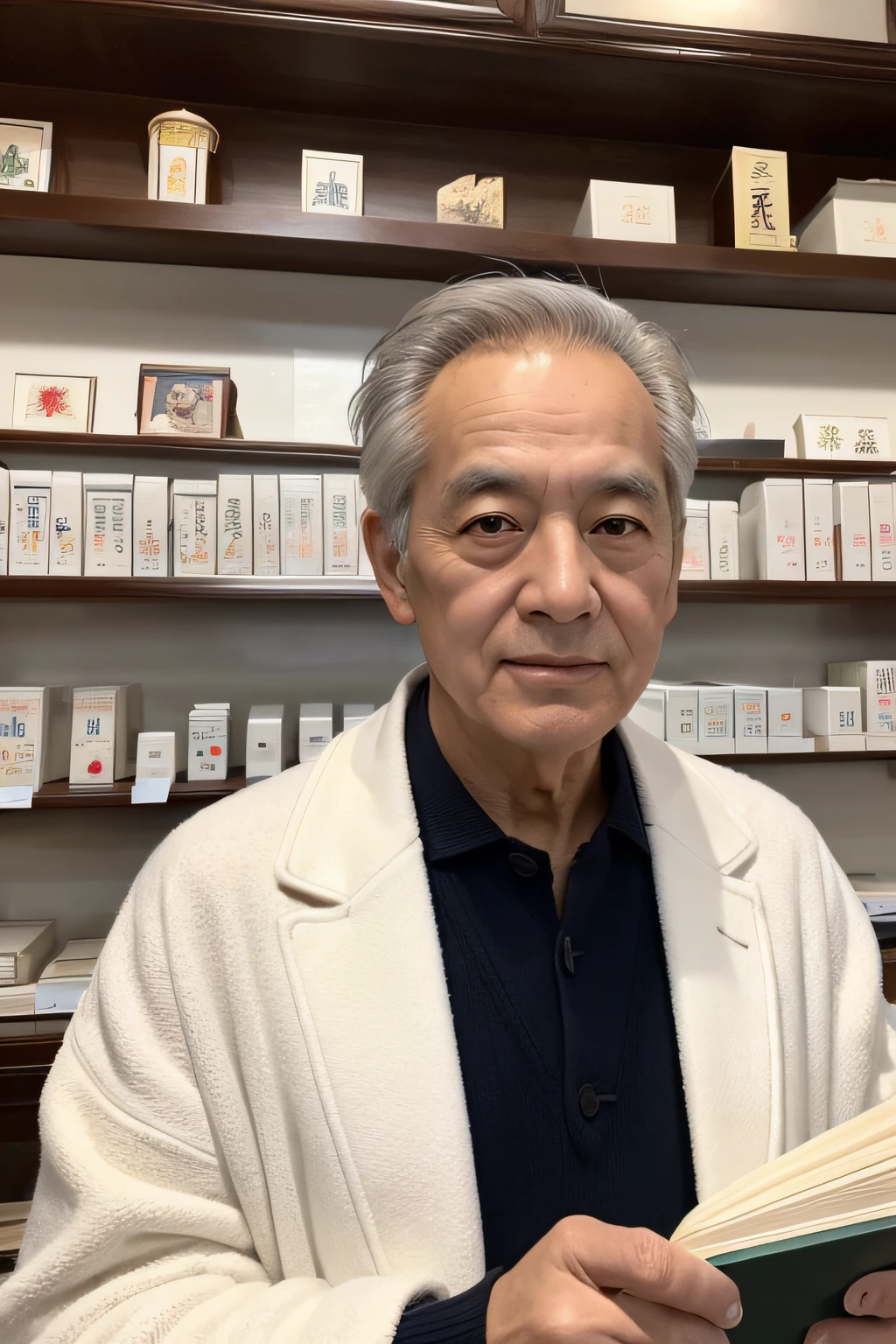 Chinese image,Real frontal photos,Authentic background,Pharmacy background,holding books,Manteau blanc,Face full of wrinkles,TCM image,Wise eyes,male people