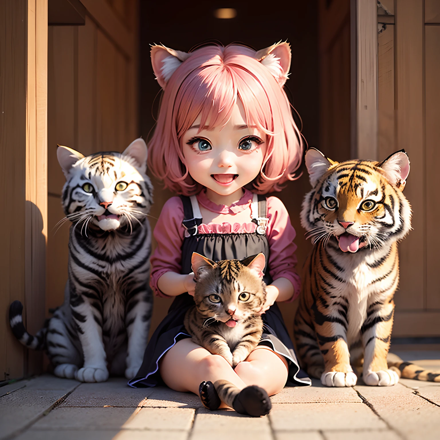 ​masterpiece、top-quality、ultra-detailliert、(Chibi Chara's Daughter:1.2)、Cat magazine cover、calico cat、Tiger cat、Black cat、White cat、wraith、Open your mouth and smile、