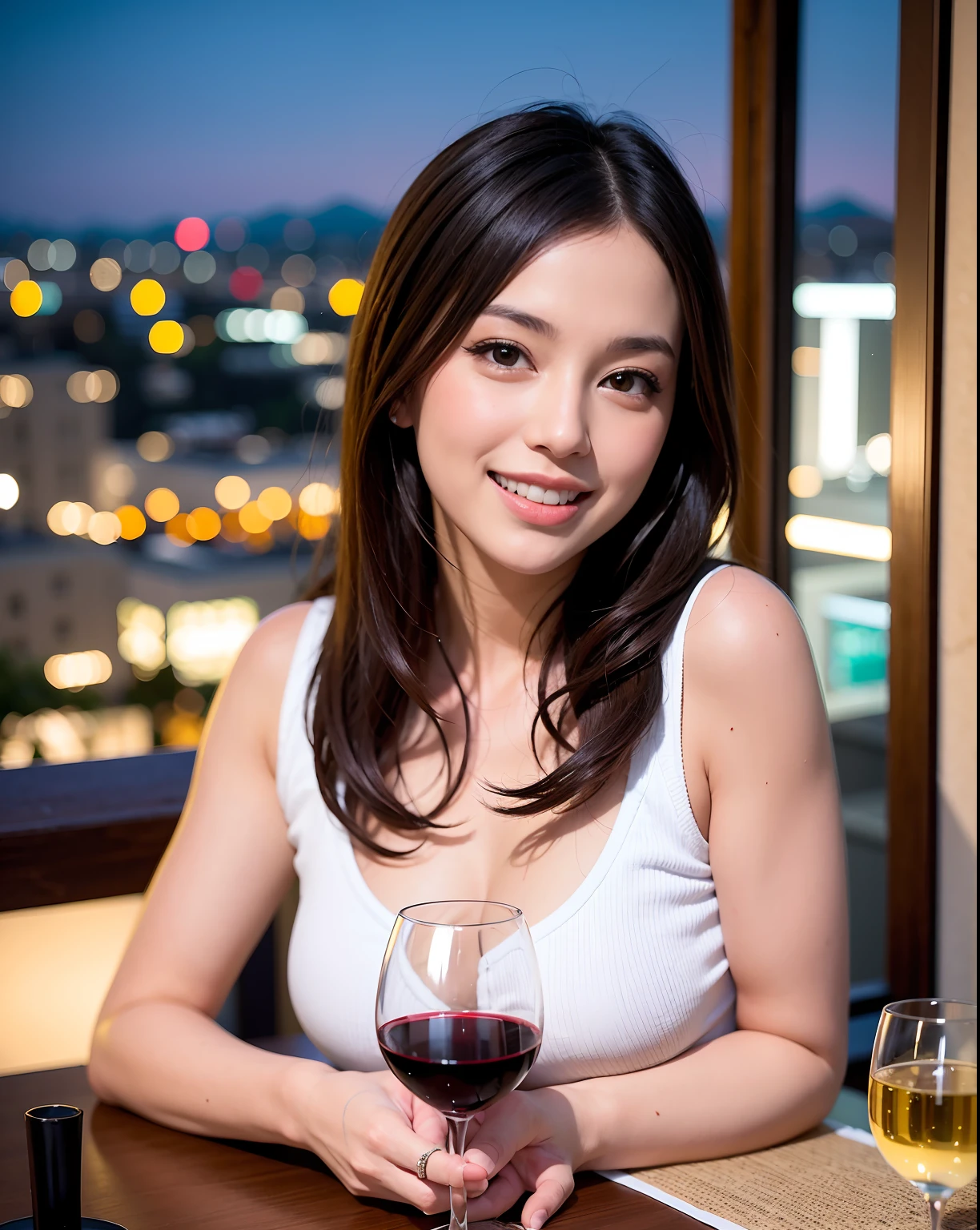 (64K, UHD, top quality, masterpiece: 1.2), (realistic, photorealistic: 1.37), super detailed, pretty woman 1 person, (slim face), (slim body), (brown hair), (short cut), cheeks slightly blushing, (44 years old), 38 years old, solo, beautiful detailed urban night view outside the window, restaurant, wine glasses sit, at night, in a prominent placeNovaFrogStyle, Actress, Model, Waist Up, White Wine, Slim, Wine Glass, Super Clean Night View, Wine Glass Put in the Middle, Happy Smile, (Smile: 1.15), Beautiful Fine Eyes, Upper Body, Bust Japan Up, Night, Short, Short, Actress, Model, Waist Up, White Wine, Slim, Wine Glass, Super Clean Night View, Wine Glass Put in the Middle, Happy Smile,