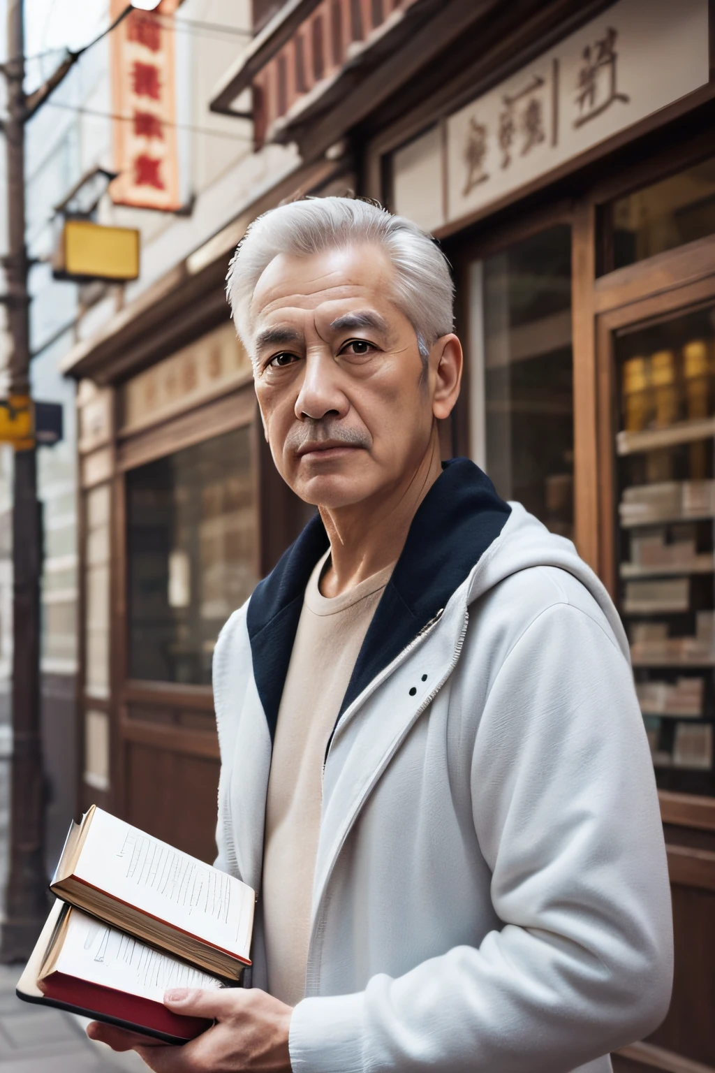 Chinese image,Real frontal photos,Authentic background,Pharmacy background,holding books,Manteau blanc,Face full of wrinkles,TCM image,Wise eyes,male people