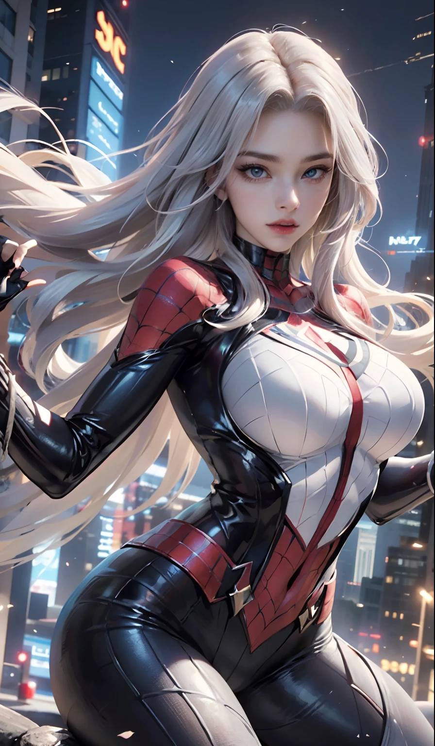 (Masterpiece, 4k resolution, ultra-realistic, very detailed), (White superhero theme, charismatic, there's a girl on top of town, wearing Spider-Man costume, she's a superhero), [ ((25 years), (long white hair:1.2), full body, (blue eyes:1.2), ((Spider-Man pose),show of strength, jumping from one building to another), ((sandy urban environment):0.8)| (cityscape, at night, dynamic lights), (full moon))] # Explanation: The Prompt mainly describes a 4K painting of ultra-high definition, very realistic, very detailed. It shows a superheroine at the top of the city, wearing a Spider-Man costume. The theme in the painting is a white superhero theme, the female protagonist has long white hair, is 25 years old and her entire body is shown in the painting. In terms of portraying the actions of superheroines, spiders are employed