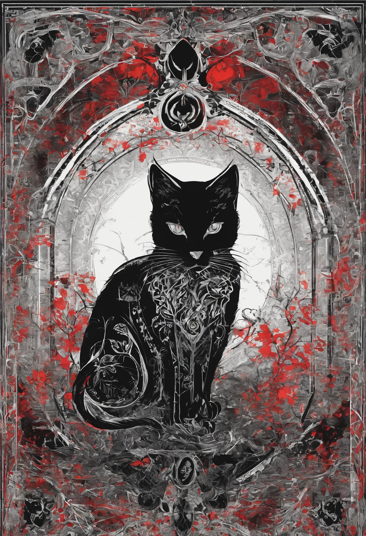 Photograph of the process that takes place in the text-to-image software with artificial intelligence in the first moments of generation.Black cat silhouette、Cats、Red Eyes