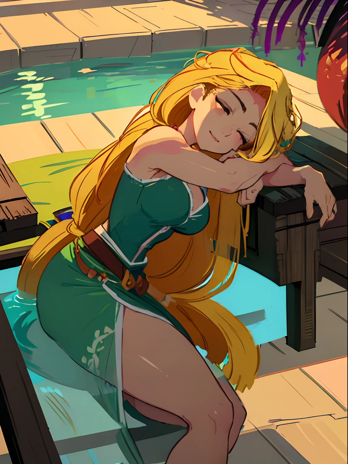 (masterpiece, best quality, high resolution: 1.5) rapunzel, relaxing on her back, sleeping, laying in pool, green island outfit, (loose hair: 1.7), wet skin, great smile, green eyes, arms laid at Rapunzel's side
