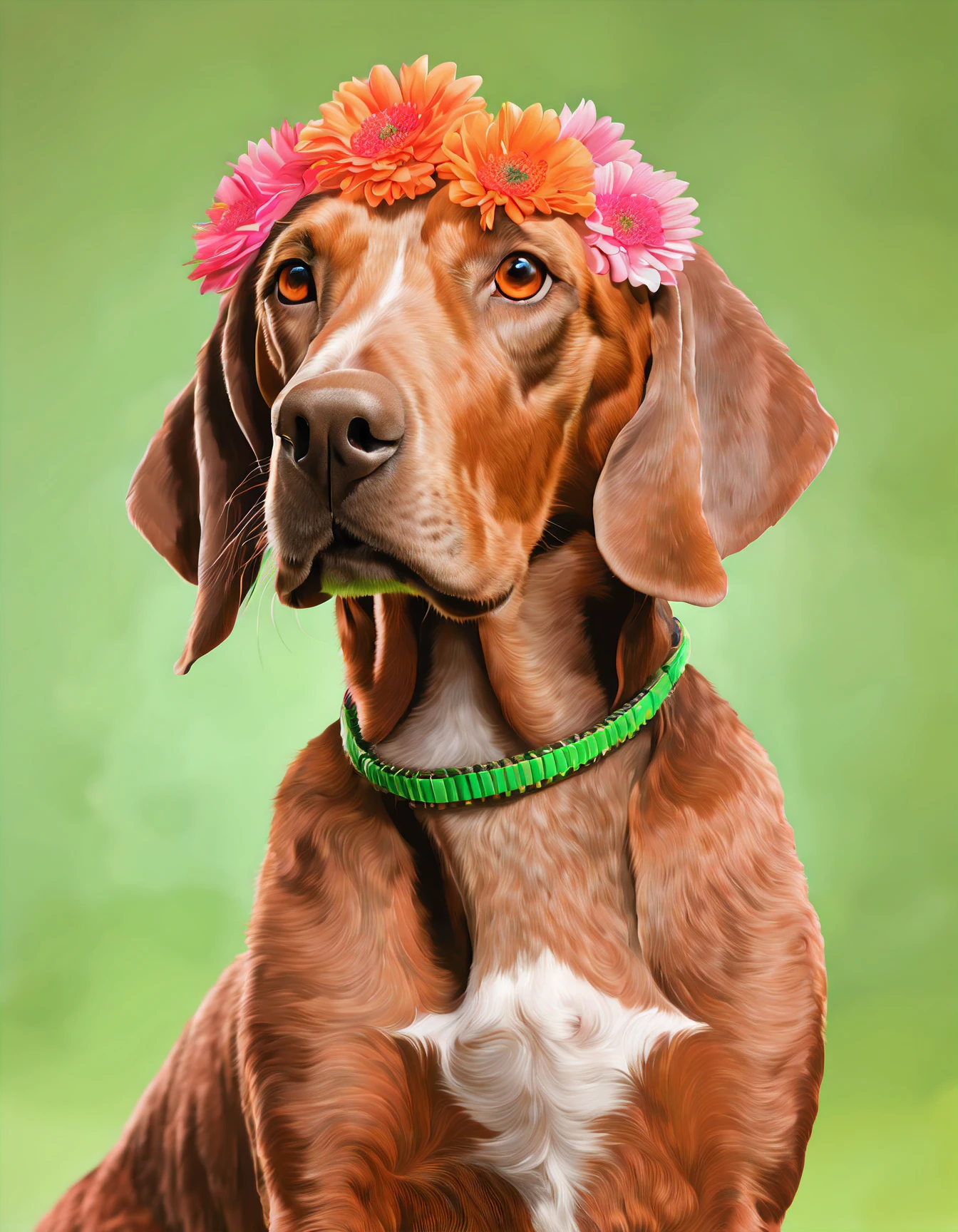 brown redbone coonhound dog, mixed with Ridgeback, beautiful, action shot, covered in neon orange and neon pink flowers and feathers, neon green background, huge eyes, highly detailed, psychedelic realism, fantasy, surreal, octane render