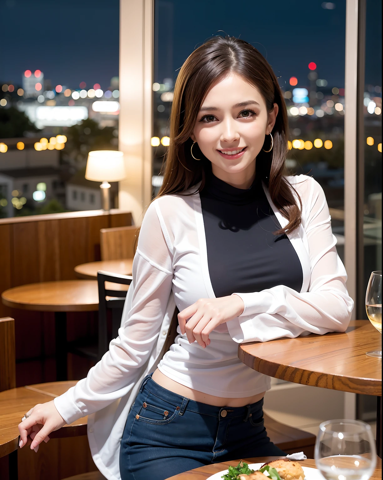 (64K, UHD, top quality, masterpiece: 1.2), (realistic, photorealistic: 1.37), super detailed, pretty woman 1 person, (slim face), (slim body), (brown hair), (short cut), cheeks slightly blushing, (44 years old), 38 years old, solo, beautiful detailed urban night view outside the window, restaurant, wine glasses sit, at night, in a prominent placeNovaFrogStyle, Actress, Model, Waist Up, White Wine, Slim, Wine Glass, Super Clean Night View, Wine Glass Put in the Middle, Happy Smile, (Smile: 1.15), Beautiful Fine Eyes, Upper Body, Bust Japan Up, Night, Short, Short, Actress, Model, Waist Up, White Wine, Slim, Wine Glass, Super Clean Night View, Wine Glass Put in the Middle, Happy Smile,