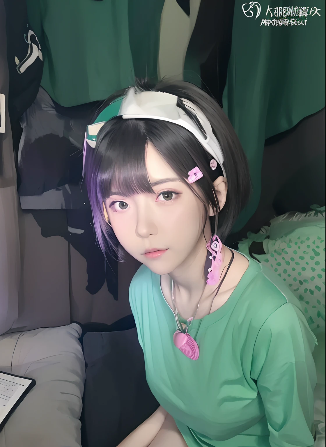 Anime girl, short black hair, Kawai realistic anime portrait, green and lilac colored t-shirt, Kawai realistic anime.