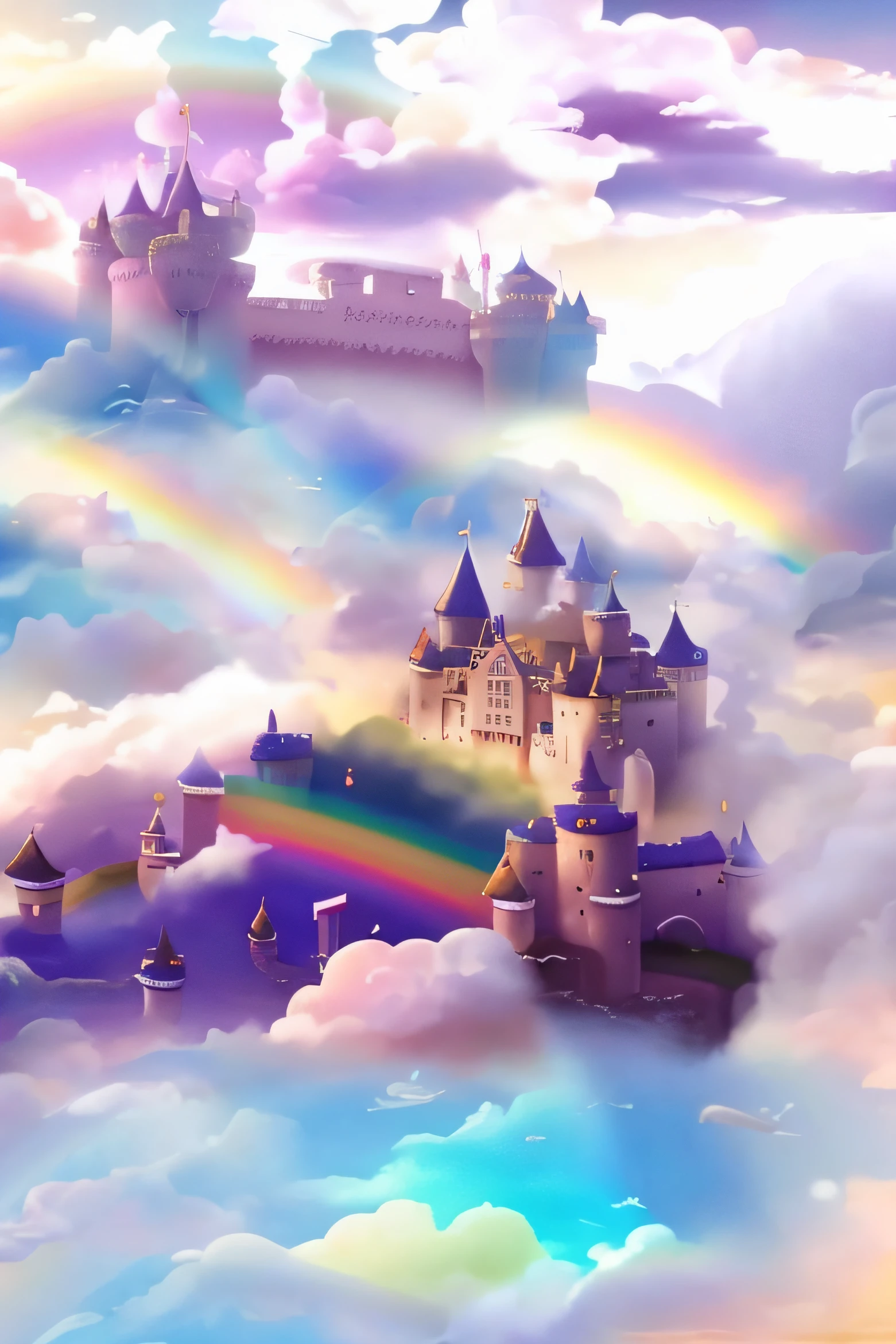 There is a castle in the clouds,There are rainbows in the sky, flying cloud castle, castle in the clouds, castle made of clouds, Castle background, fairy tale style background, magical castle school on a hill, Magical castle, fantasy matte painting,Cute, fairytale artwork, rainbow bg, lie on white clouds fairyland, in the white clouds fairyland, Fantasy castle