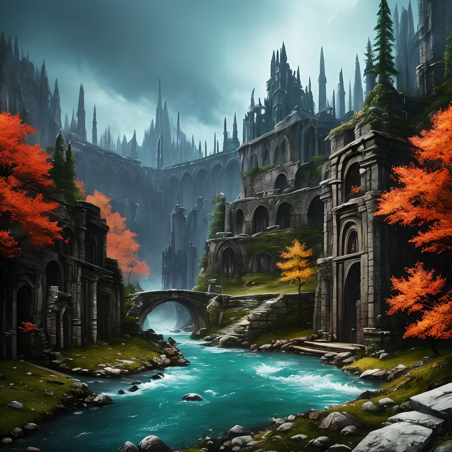 Autumn valley colored scene of the ruins of a snow elf temple carved in the side of a mountain, archways, vegetation and wildlife ,rainy night, gloomy,  marc adamus, inspired by the elder scrolls, inspired by Skyrim, rainy night , snow elf, dragon flying in the distance, fall, miss aniela, beautiful render of a fairytale, photorealistic disney, queen of color. Dark fantasy concept art, Skyrim Concept art, Dark souls concept art View from miles away