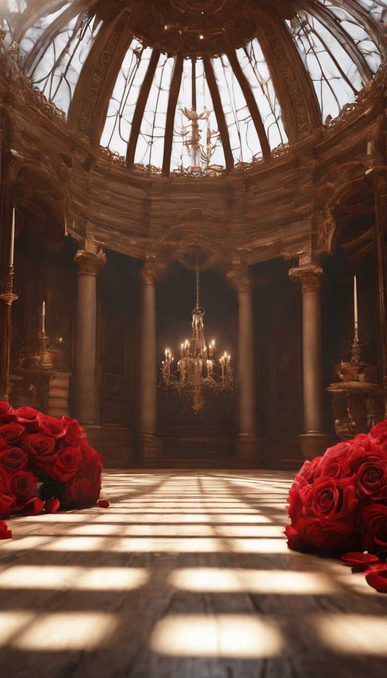 (Best quality, 32K resolution, High-res, Ultra-detailed, Photorealistic，Finely depicted details), The engine of Unreal 5, Gorgeous room，Gothic dome，The floor is covered with a large number of flowers, romantic motifs, Rose making portal, MajesticBackdrops, floral environment, Beautiful scenery, Flower beds on the floor, wallpaper aesthetic, E-commerce live room background，Hyper-realistic rendering, Exquisite composition, Breathtaking wallpapers, stunning  visuals, Landscape wallpaper aesthetics, Red elegant background, red reflections, C4D render, top notch quality, RAW photo"