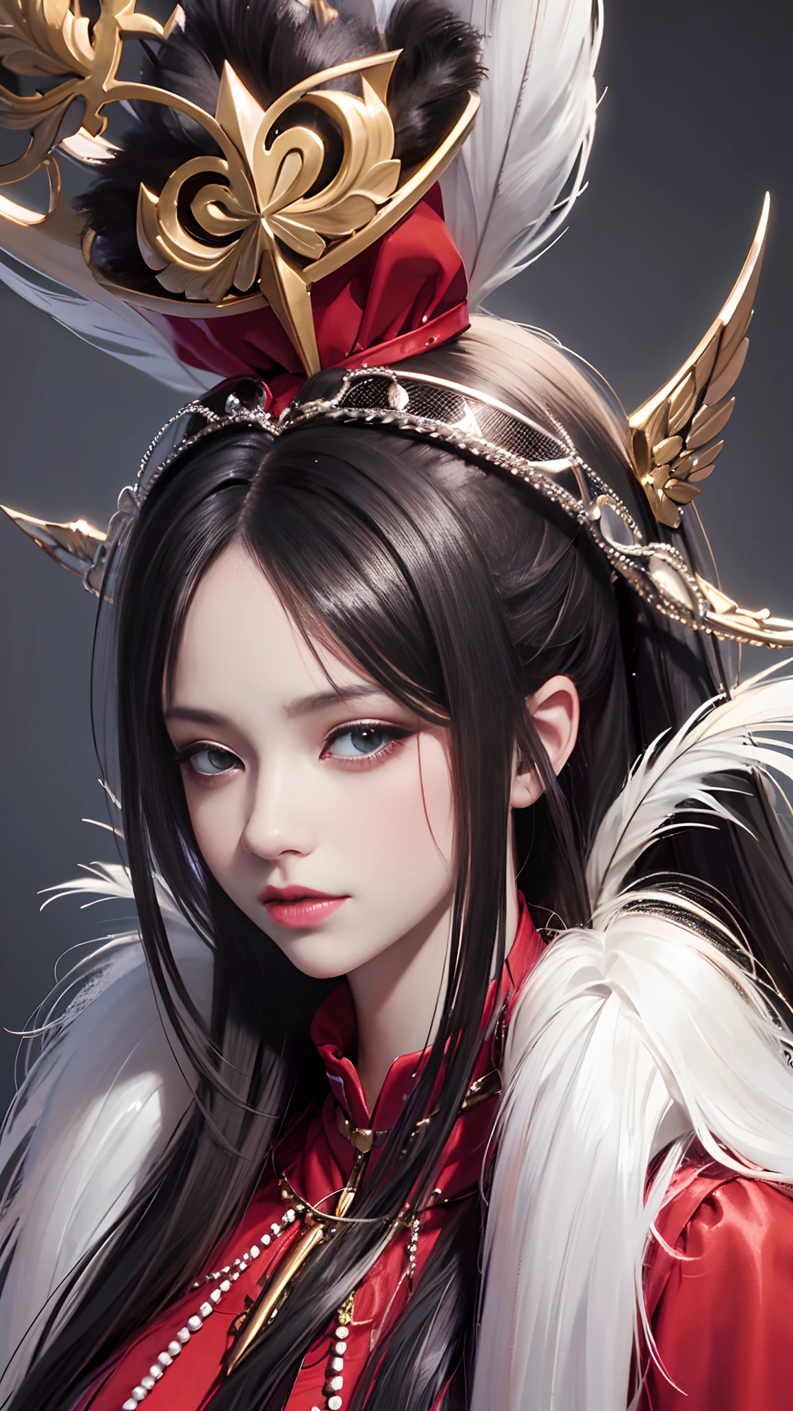 Drawing a woman with long hair and a feather hat, detailed portrait of anime girl, portrait anime girl, Artgerm. High detail, stunning anime face portrait, small breasts, digital anime art, art germ. Anime illustration, detailed digital anime art, anime girl portrait, Guvez style artwork, red clothing, realistic digital art 4k, realistic digital art 4k, realistic, aesthetic.