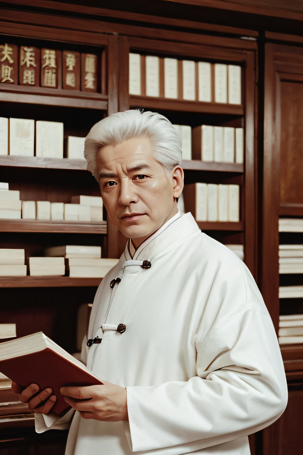 Chinese image,Real frontal photos,Authentic background,Pharmacy background,holding books,Manteau blanc,Face full of wrinkles,TCM image,Wise eyes,male people