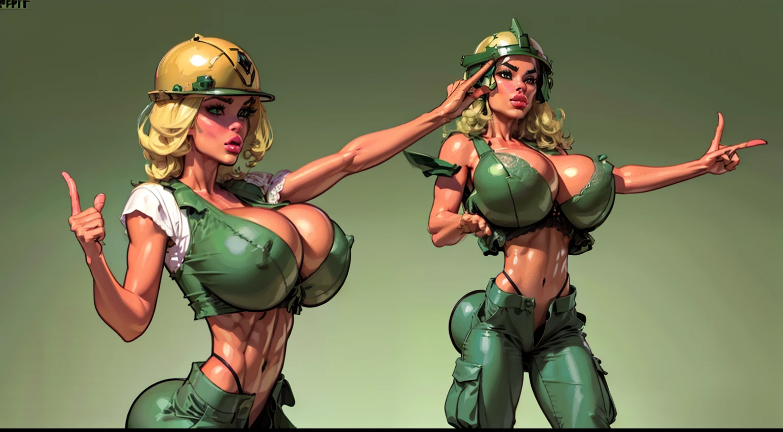 ((pointing:1.4)), (sexy ((female soldier1.6))), ((green combat helmet helmet:1.5)) wearing ((khaki cargo pants:1.4)), (perfect face), detailed face, (symmetrical eyes), perfect nose, ((open cargo vest:1.3)), wearing ((lace bra:1.4)) that barely covers the , ((gigantic breasts:1.5)) ((blonde curly hair)) analog style posing against a military tank, (dimlit)1.2, (film grain)1.2, cinematic movie still frame, (large lips, bimbo style, perfect eyebrows)((thepit style:1.4))