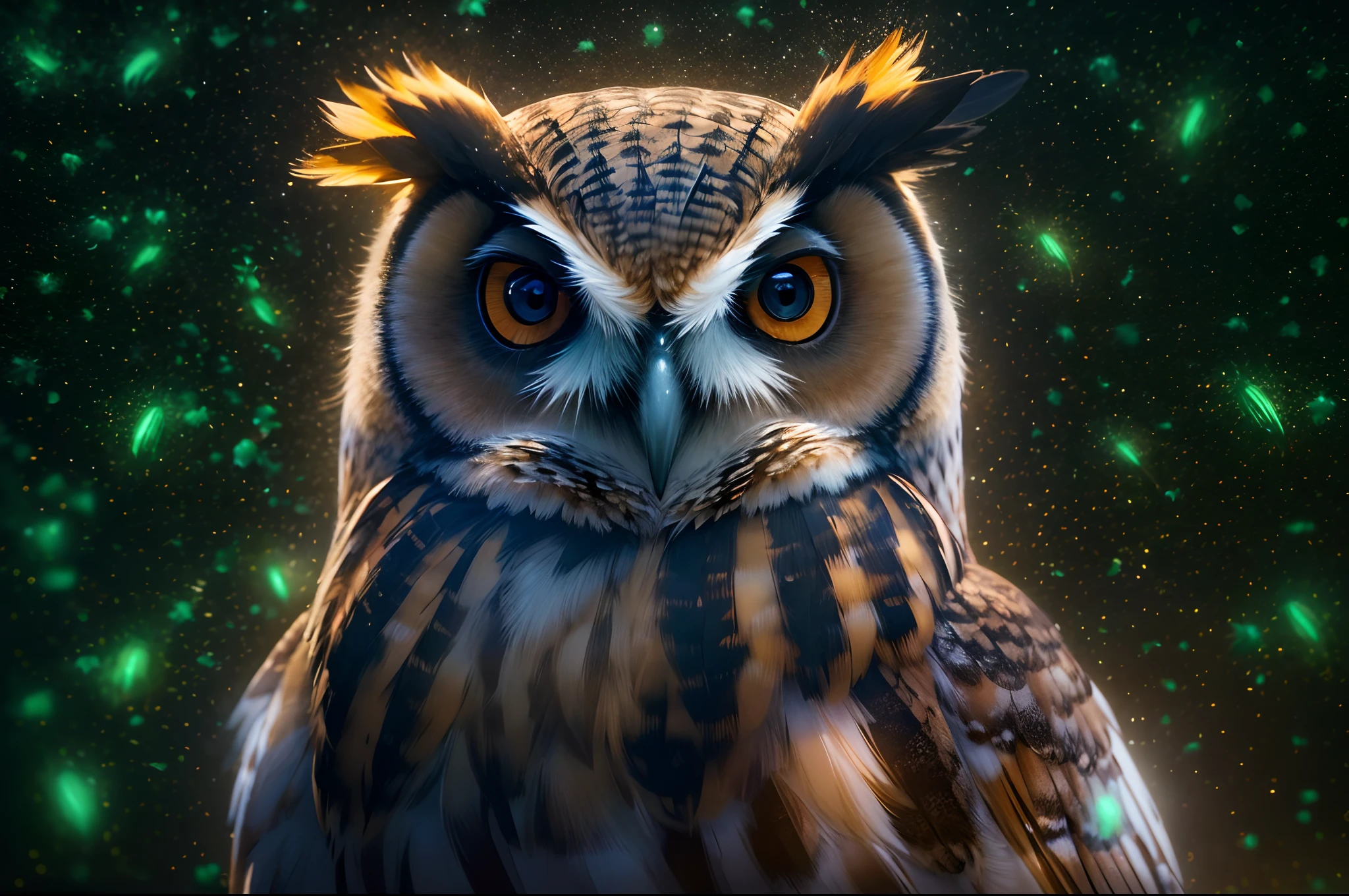 An owl close-up portrait at night, fireflies, perfect jungle night view, glowing effects, shinning stars in the sky, best quality, masterpiece collection, rendered by Nvidia RTX, ray tracing, 24K UHD resolution, extremely high detailed art, landscape art