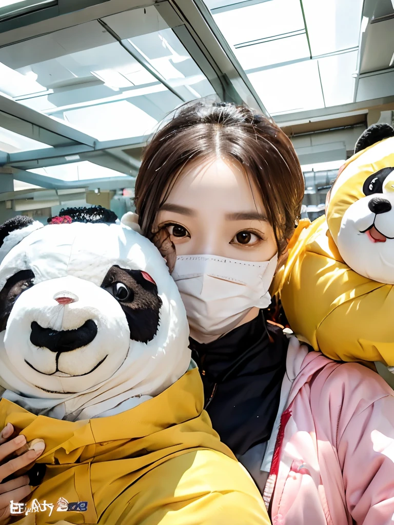 Wear a mask,Woman holding a stuffed panda, plushies, wearing face mask, from china, There is a stuffed brown bear behind him,In the background are the sky