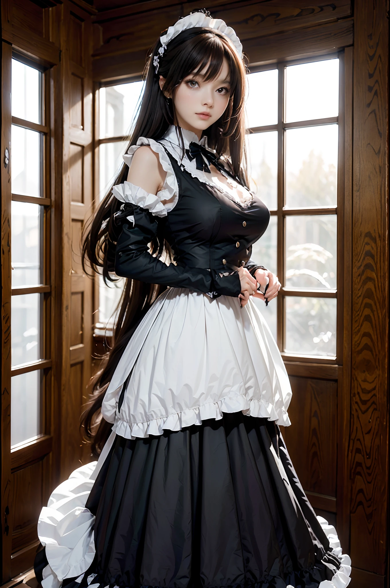 The woman, (European Citizenship: 1.2) In a black and white outfit posing for a photo, maiden! Dress, Anime Girl Cosplay, anime girl in a maid costume, The Magnificent Maiden, maid outfit, cosplay photo, cosplay, anime cosplay, A Few Cute Poses, (Face of the Goddess), (Elegant posture: 1.4), Elegant atmosphere, Noble atmosphere, (Milf: 1.6) (Brown hair: 1.5), (golden eyes: 1.4), (maidservant: 1.4), (Black and White Maid Outfit: 1.1), (Incredible beauty, High facial detail: 1.3),