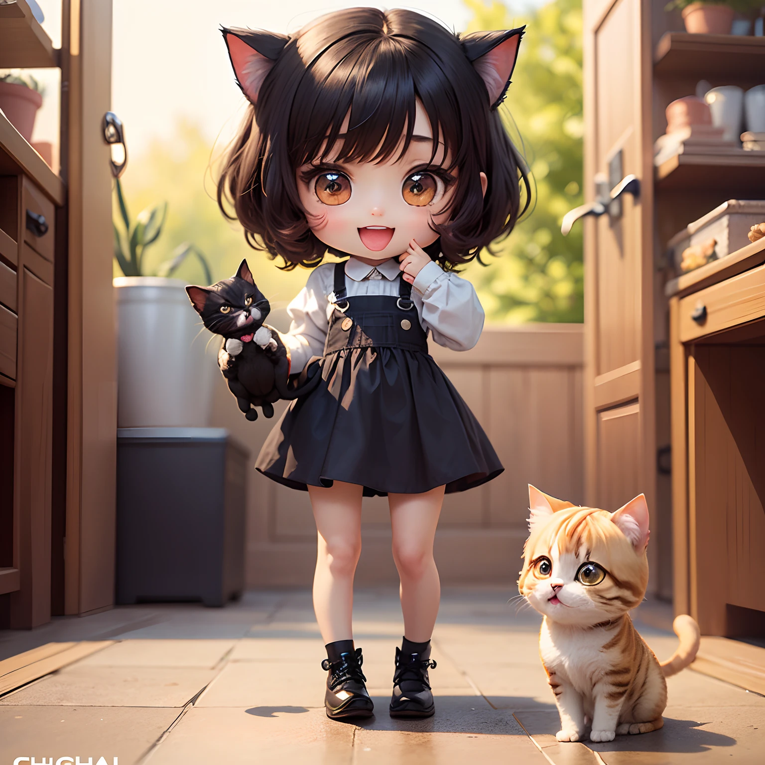 masterpiece、top-quality、ultra-detailliert、(Chibi Chara's Daughter:1.2)、Cat magazine cover、Chibi Chara Calico Cat、wraith、Open your mouth and smile、Full-body standing figure