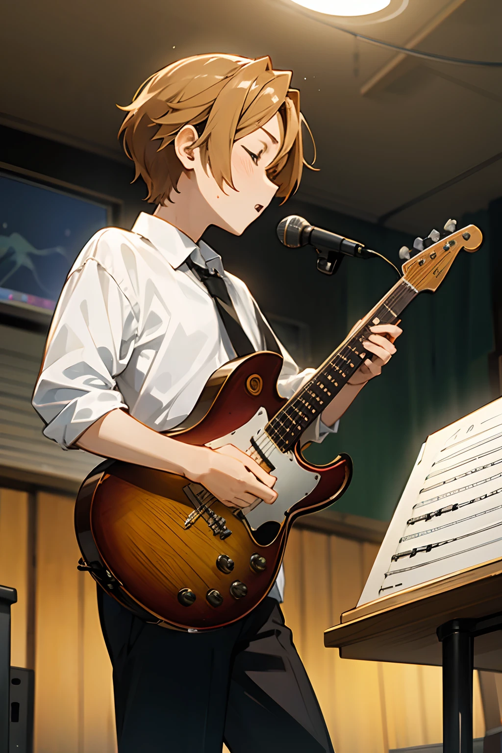 Anime scene of a band playing music in a music studio, Quinteto de jazz, inspinado en estilo del anime Shigatsu wa Kimi no Uso